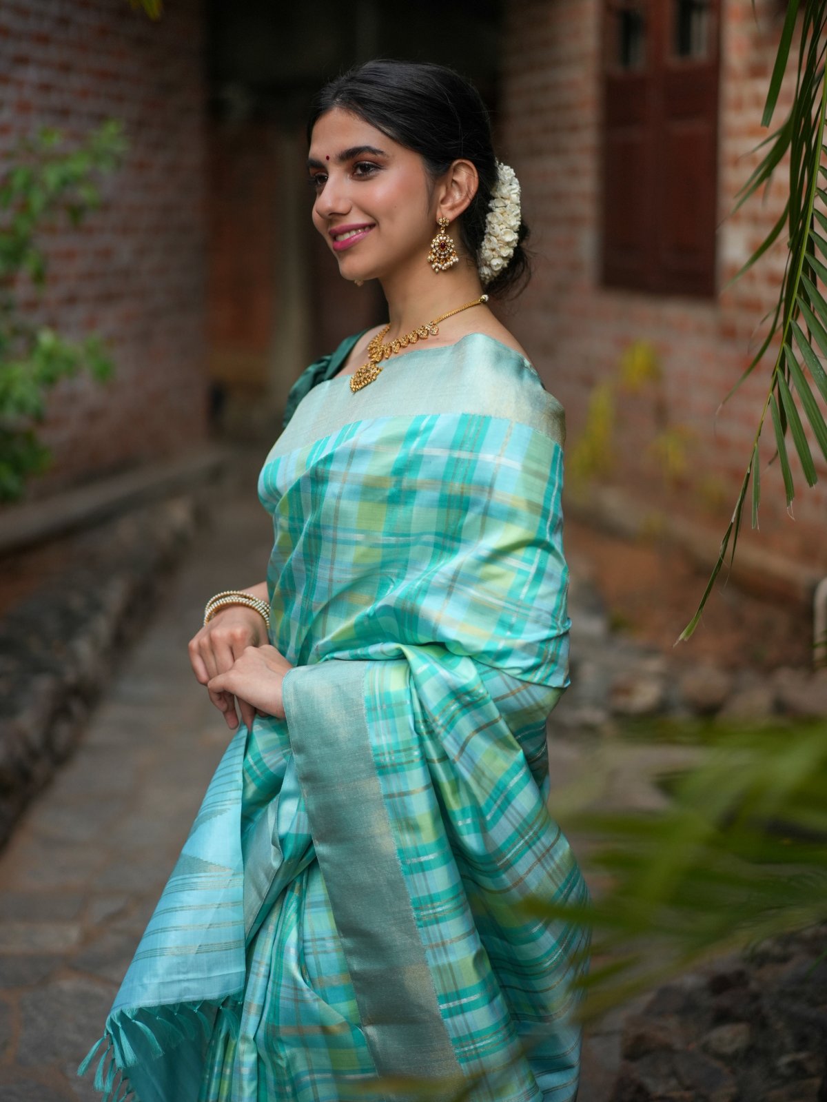 Checked Blue Kanjeevaram Silk Saree With Bavanchi Border