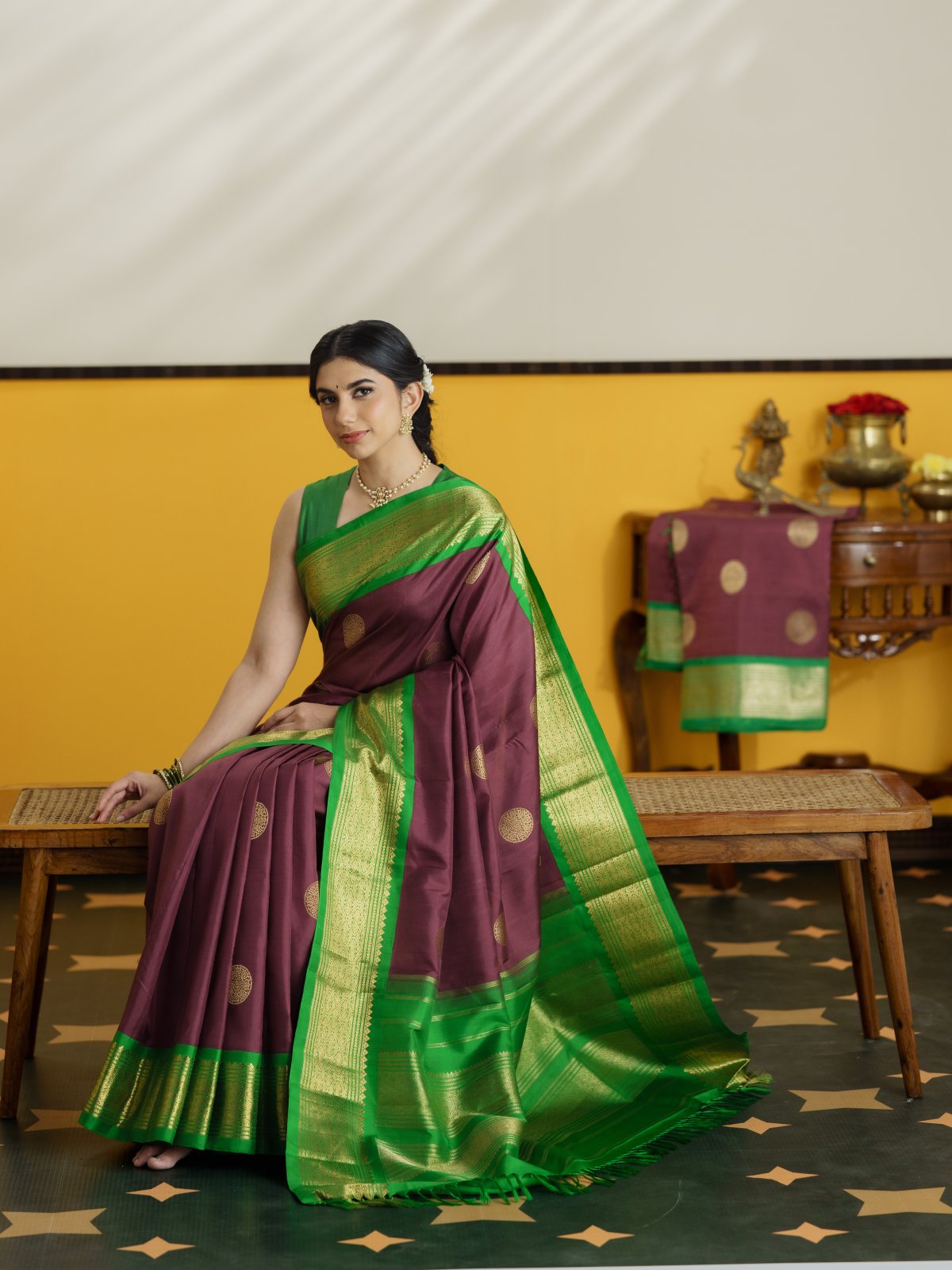 Vintage 74 - Grape Purple Kanjeevaram Silk Saree With Parrot Green Border