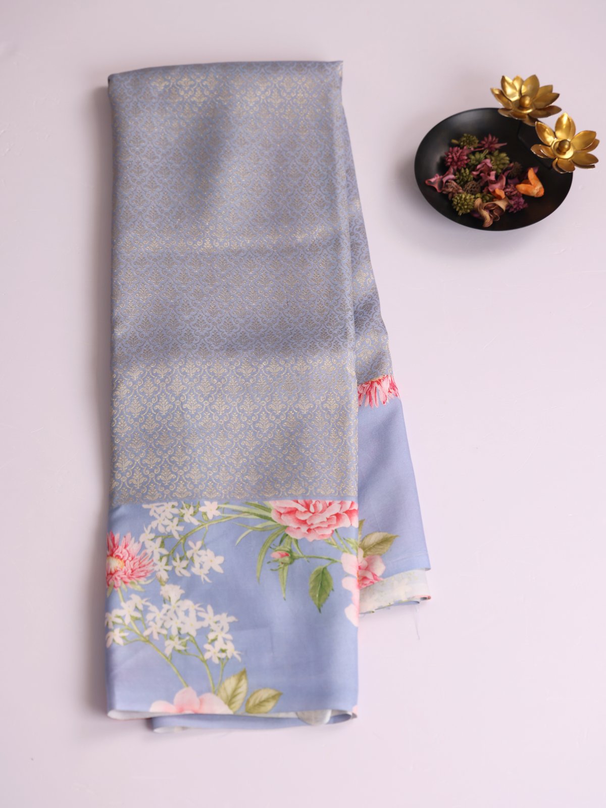 Light Greyish Blue Brocade Kanjeevaram Silk Saree With Printed Border