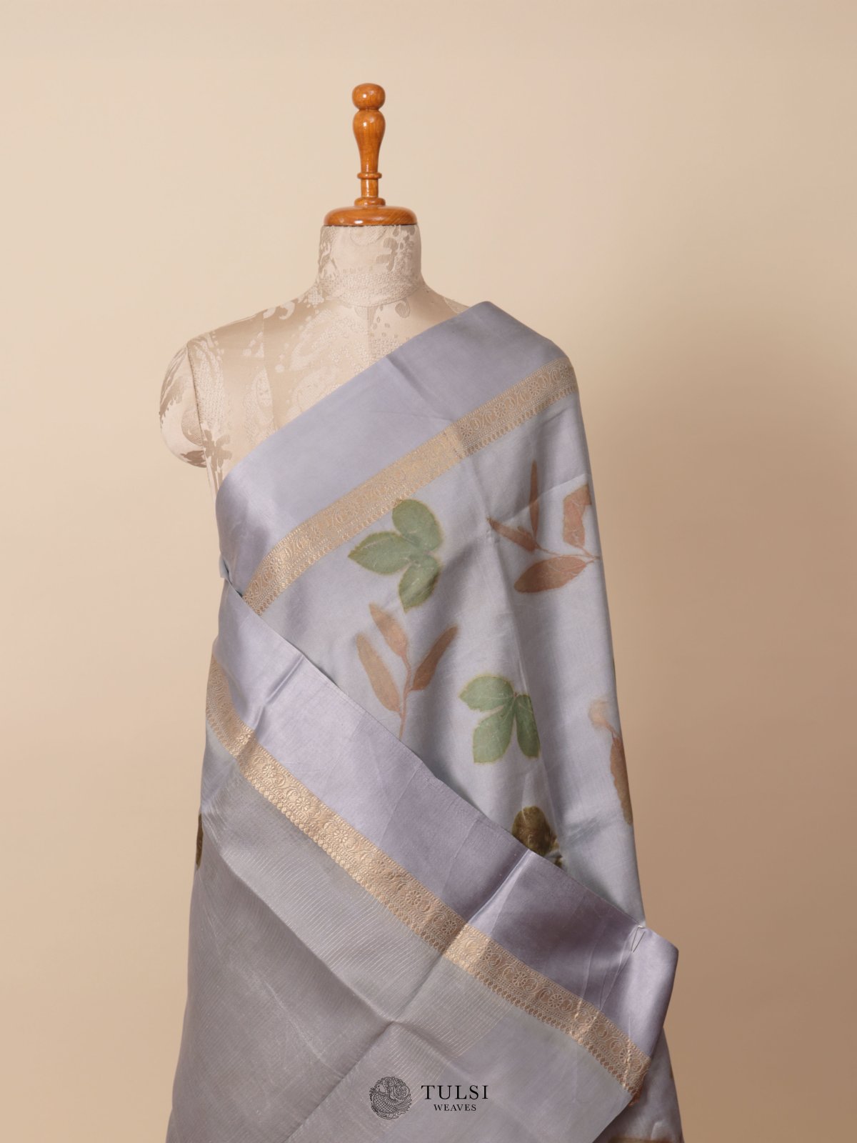 Grey Eco Print Silk Saree With Satin Border