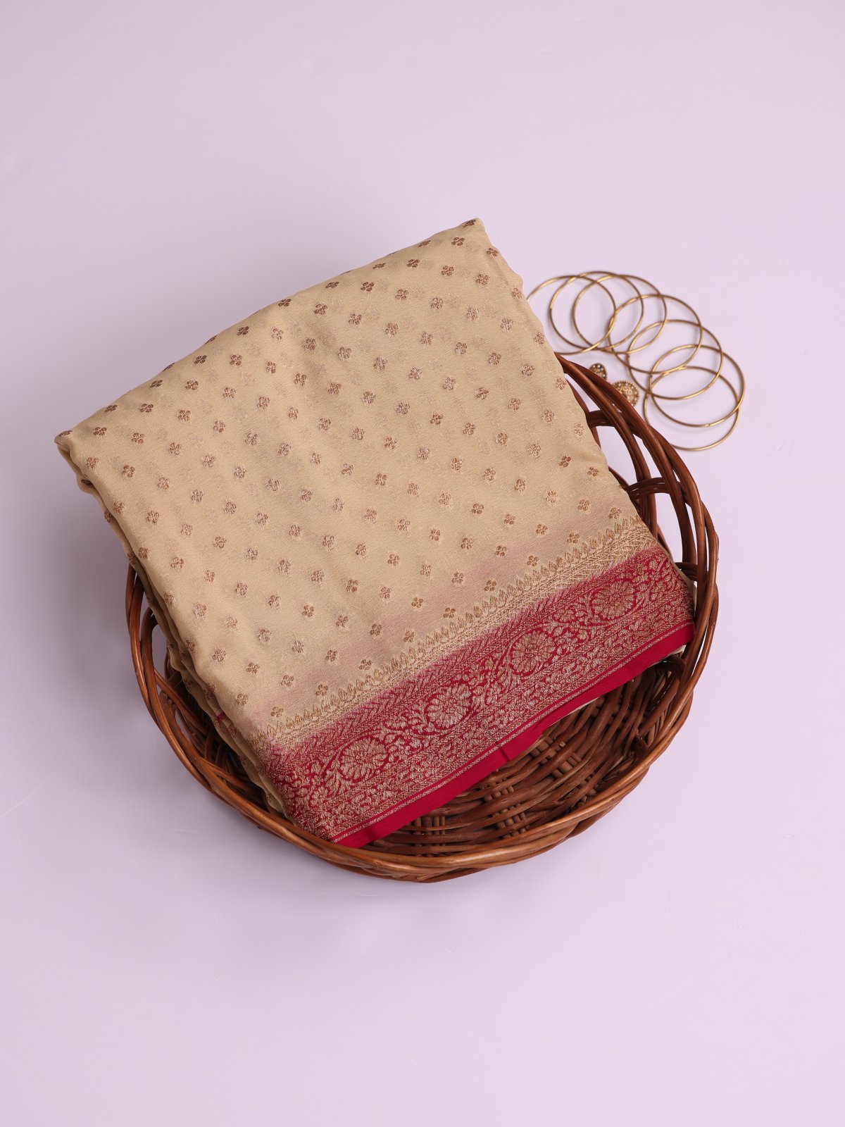 Beige Banaras Georgette Silk Saree With Reddish Pink Border