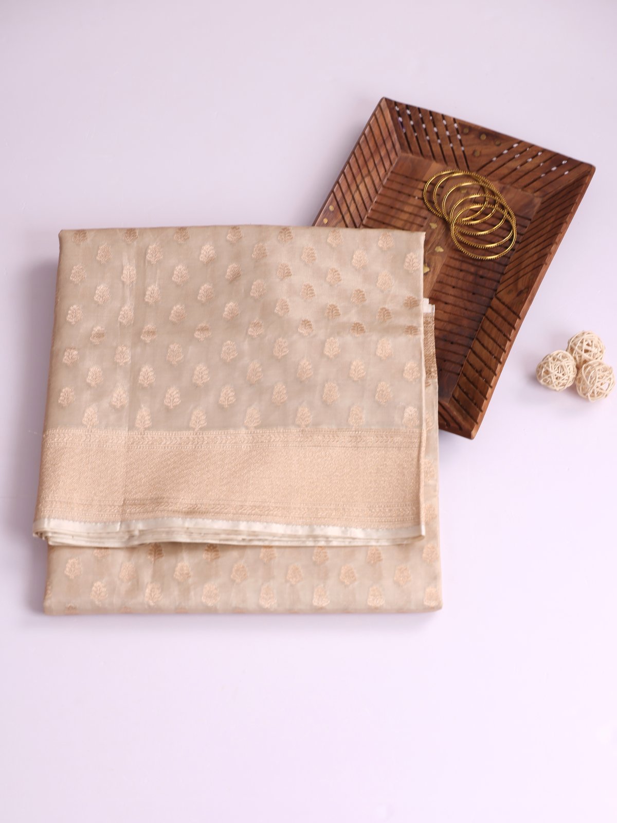 Beige Tissue Banaras Silk Saree With Zari Border