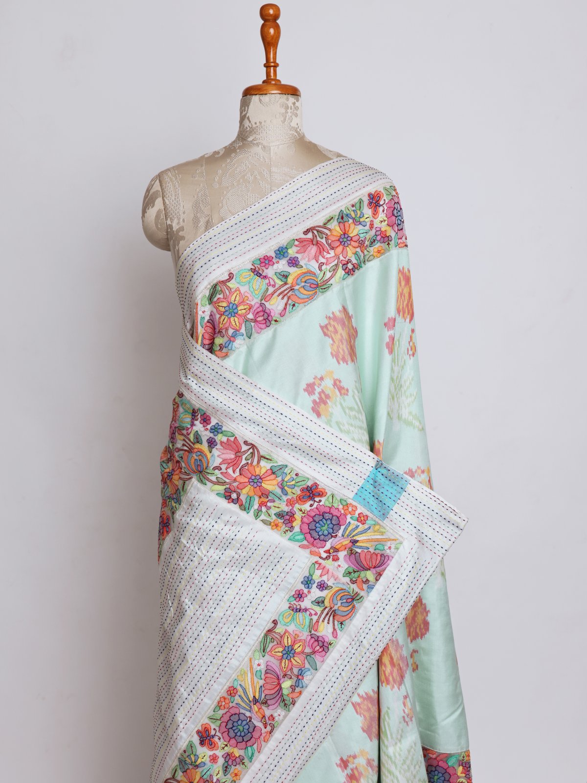 Light Bluish Green Patola Silk Saree With Shadow Embroidered Border