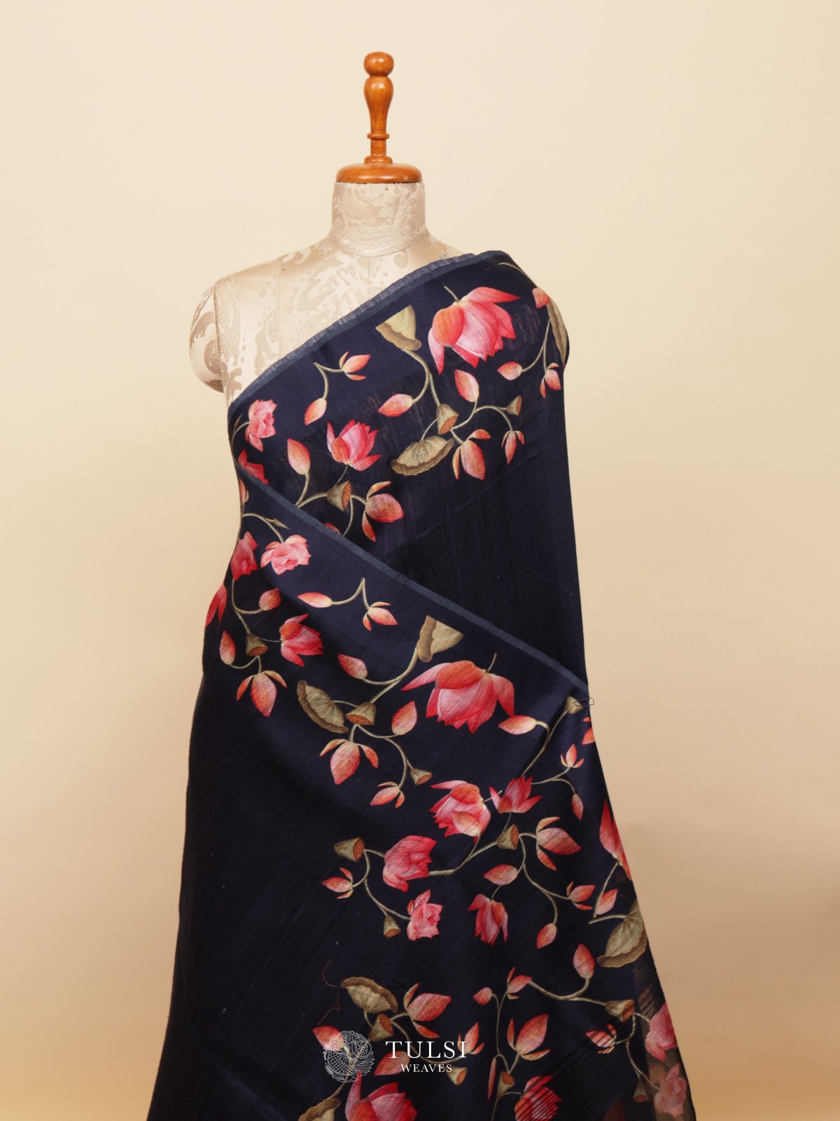 Navy Blue Matka Printed Tussar Silk Saree