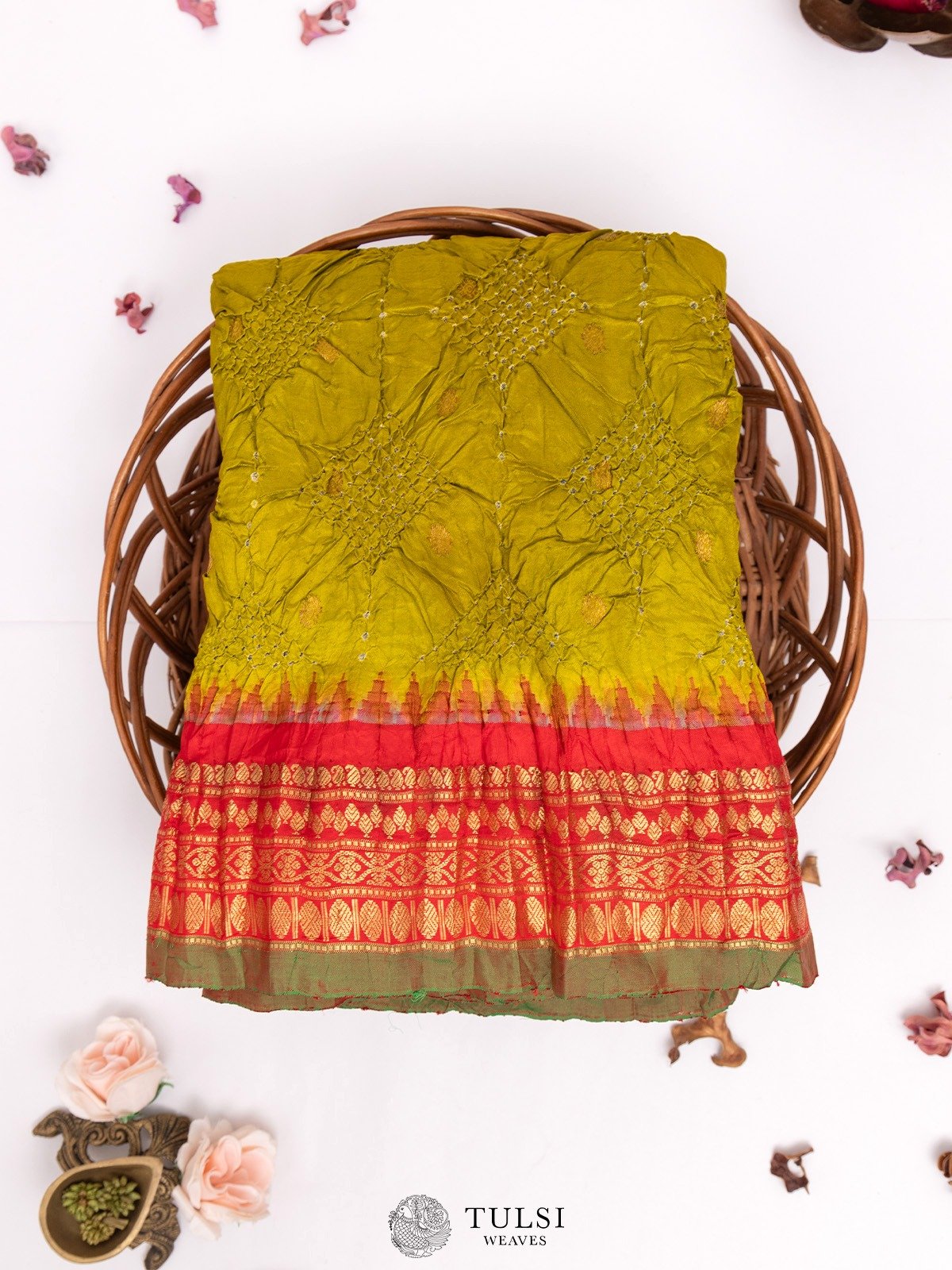 Mehendi Green Gadwal Silk Saree with Bandhini 