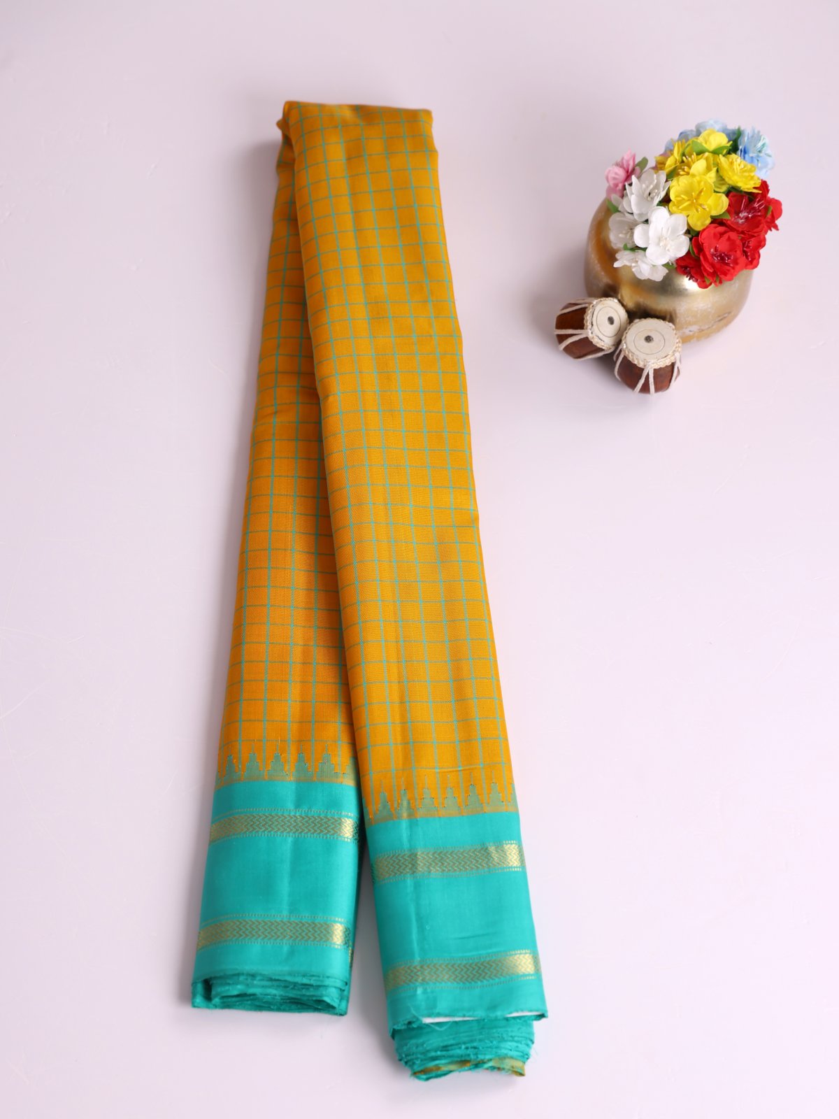 Mustard Yellow & Turquoise Checked Gadwal Silk Saree with Turquoise Border