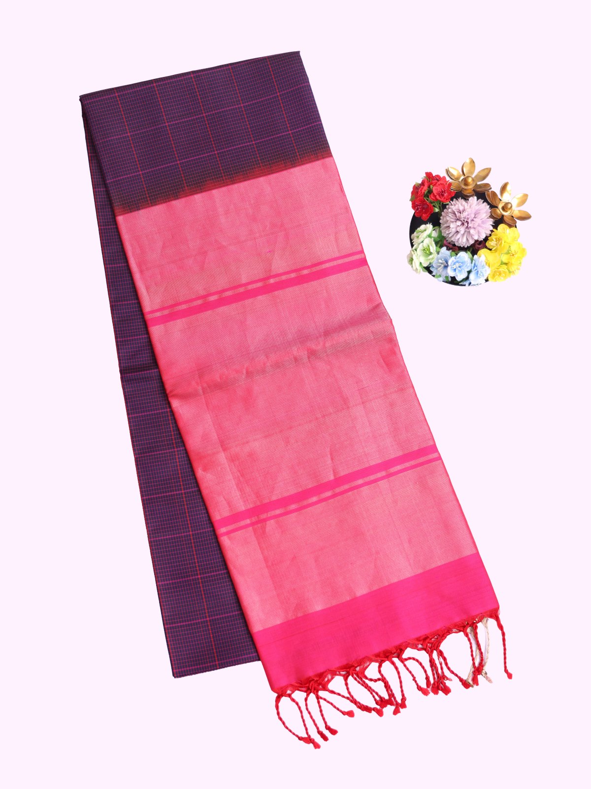 Navy Blue Checked Soft Silk Saree with Zari Border