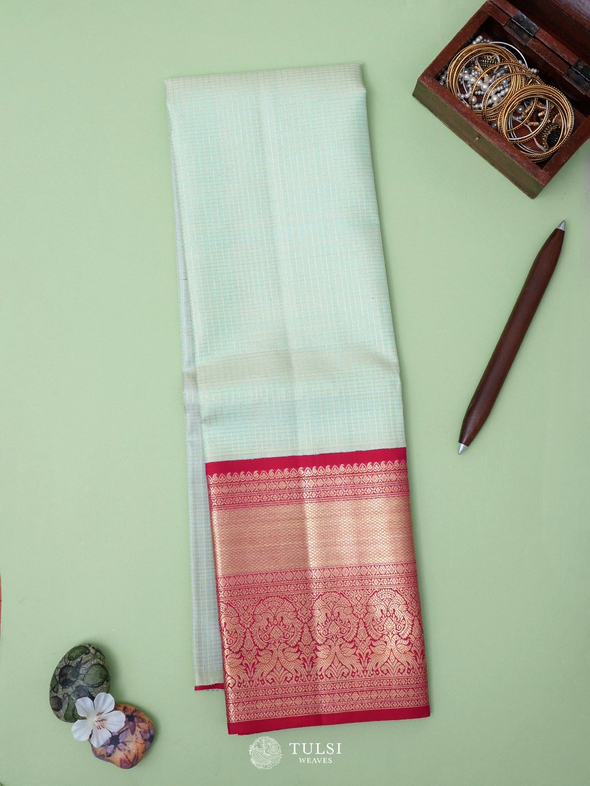 Mint Green Kanjeevaram Silk Pavadai with Red Border