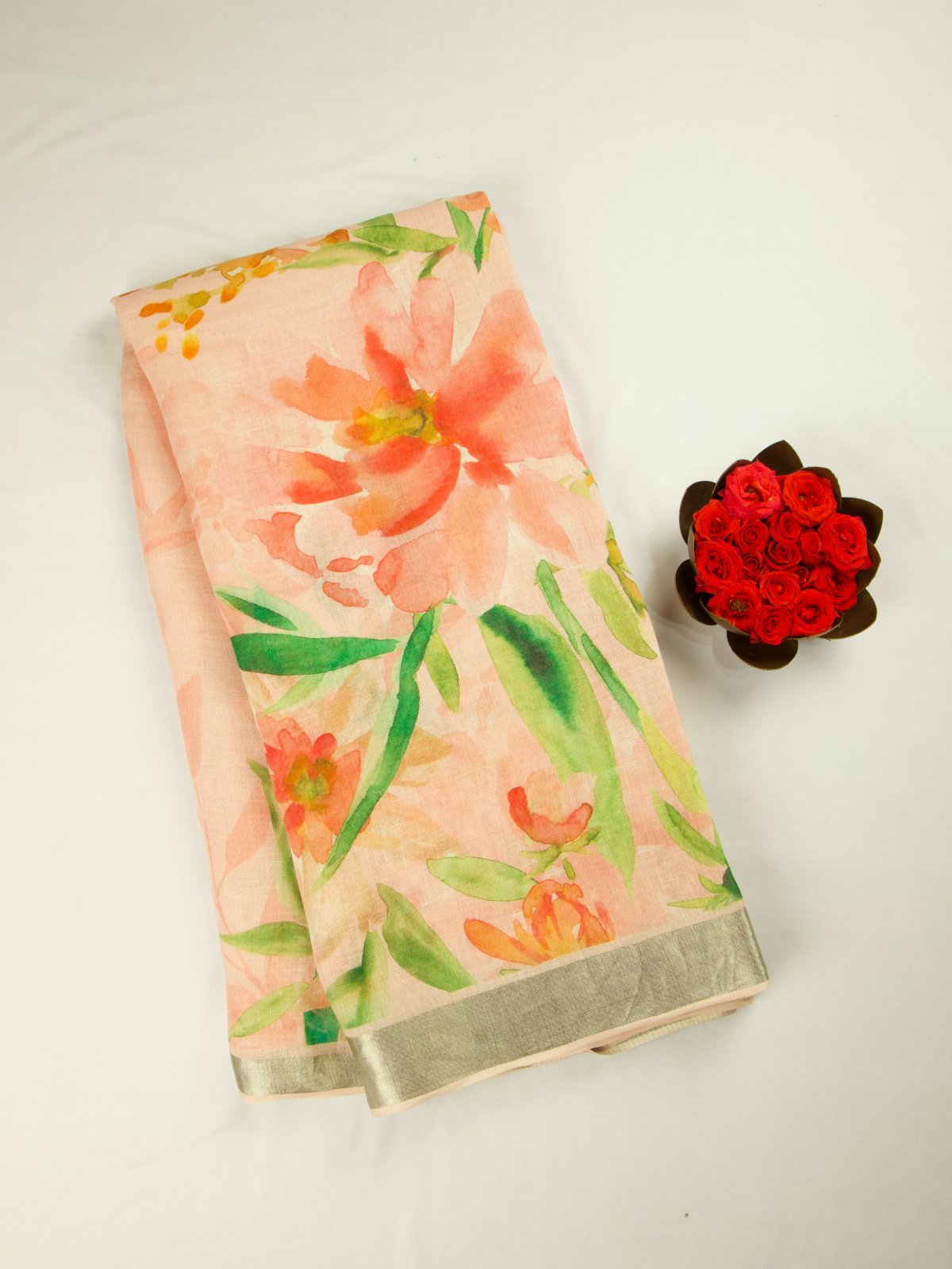 Light Pink Floral Prints Linen Saree