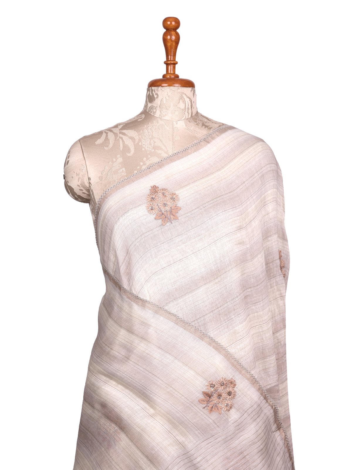 Grey Striped Linen Saree with Embroidery