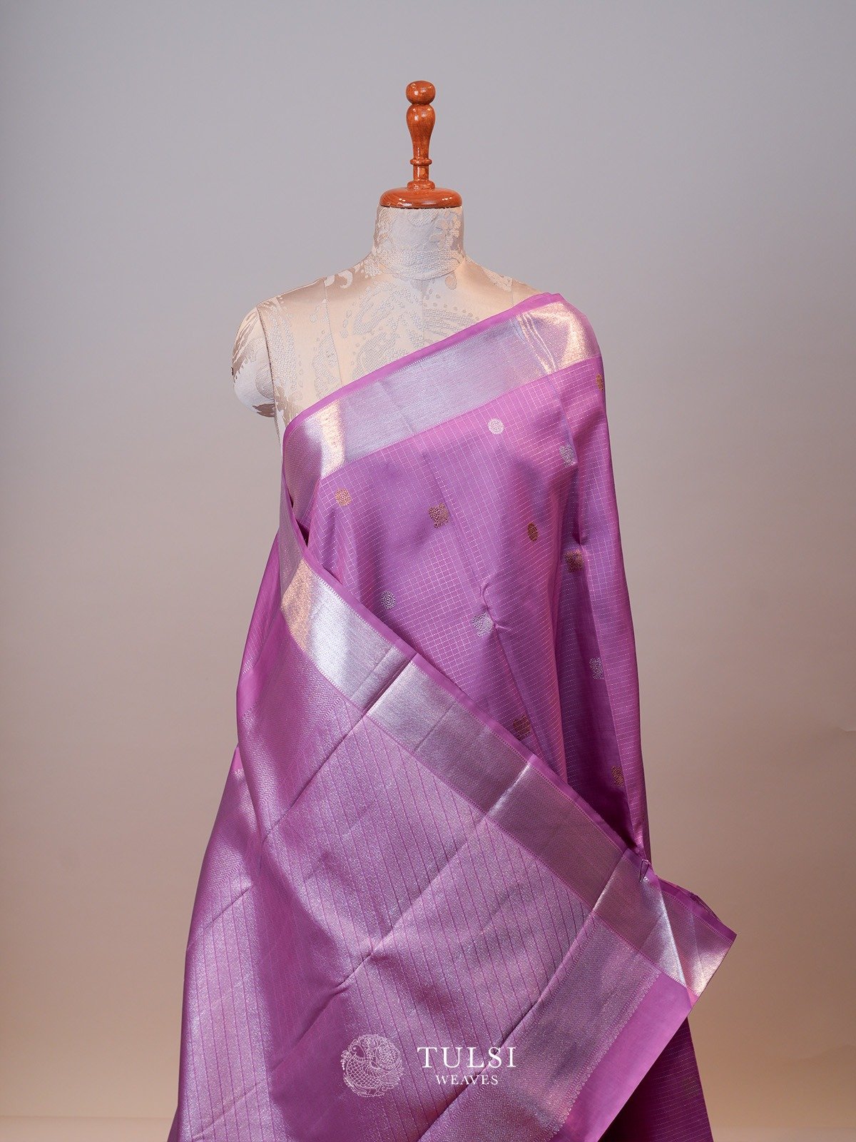 Lavender Pink Kanjeevaram Silk Saree with Self Zari Border