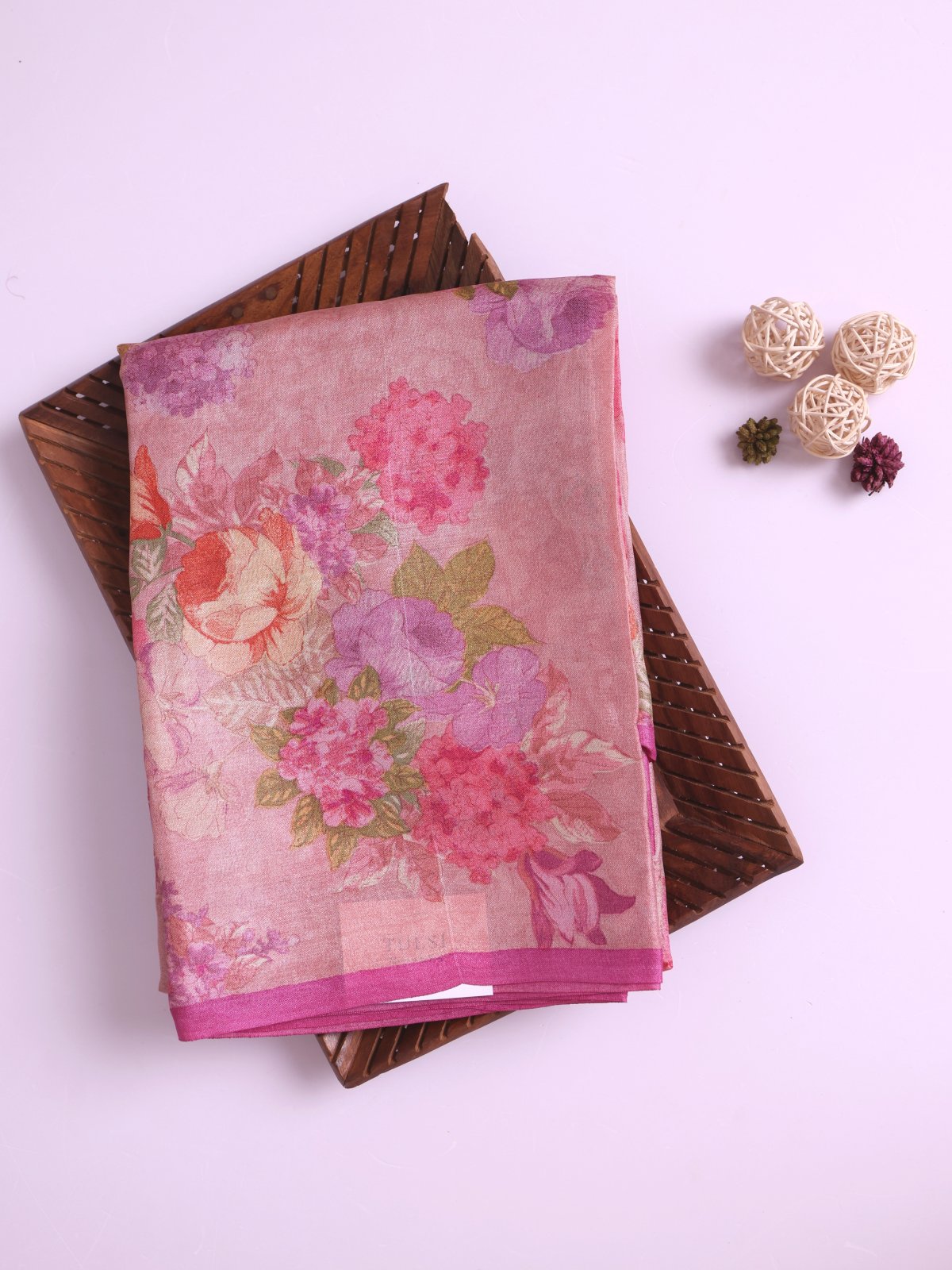 Pink Printed Tussar Silk Saree