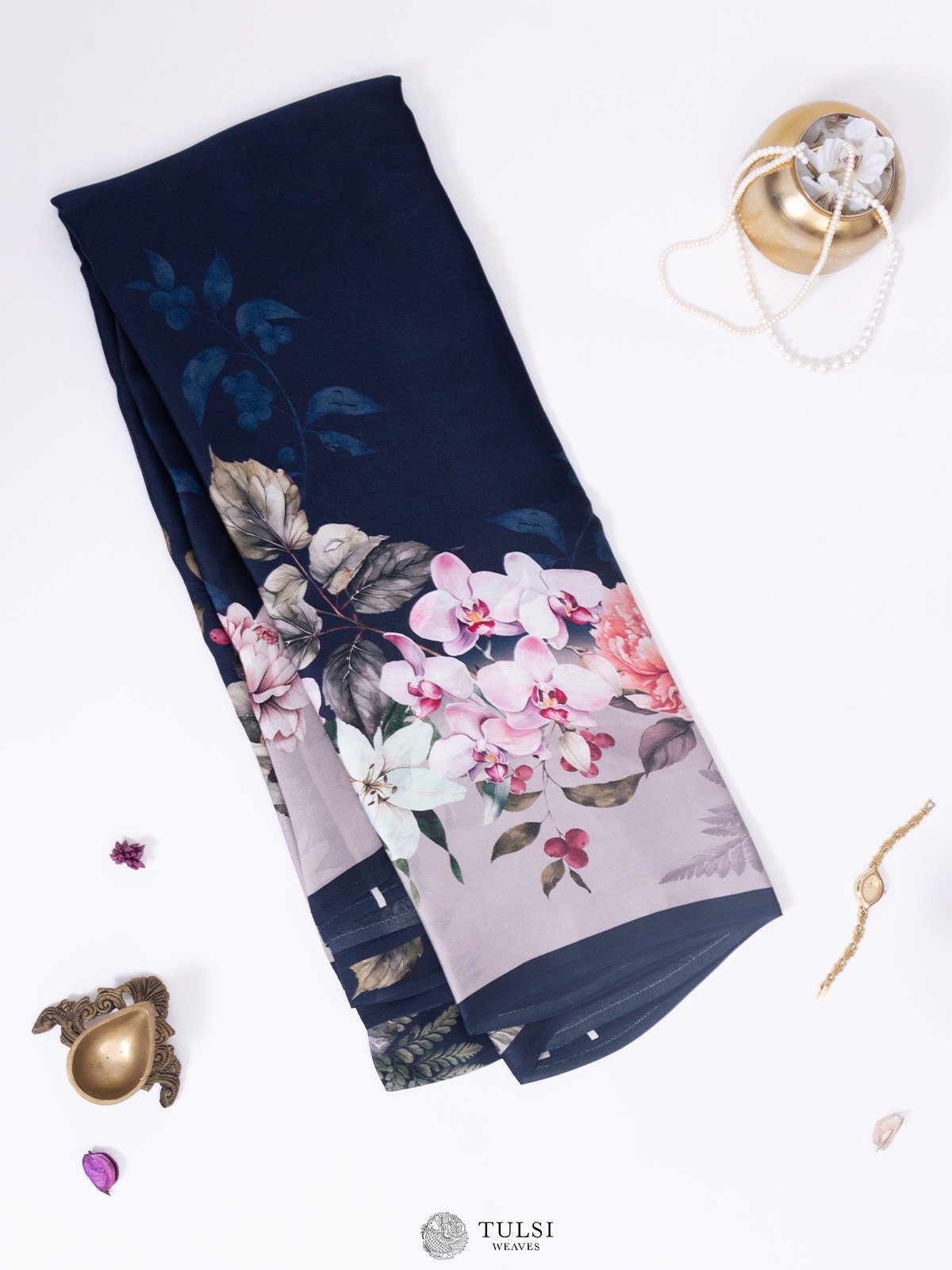 Dark Blue Satin Crepe Silk Saree With Floral Prints