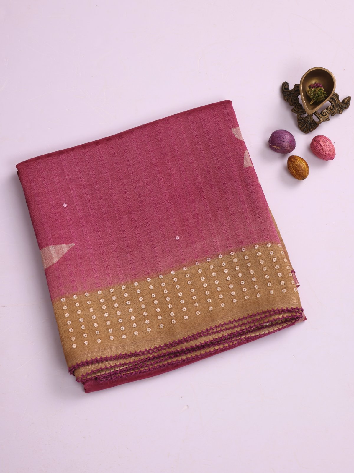 Mauve Pink Printed Organza Silk Saree With Sequins Border