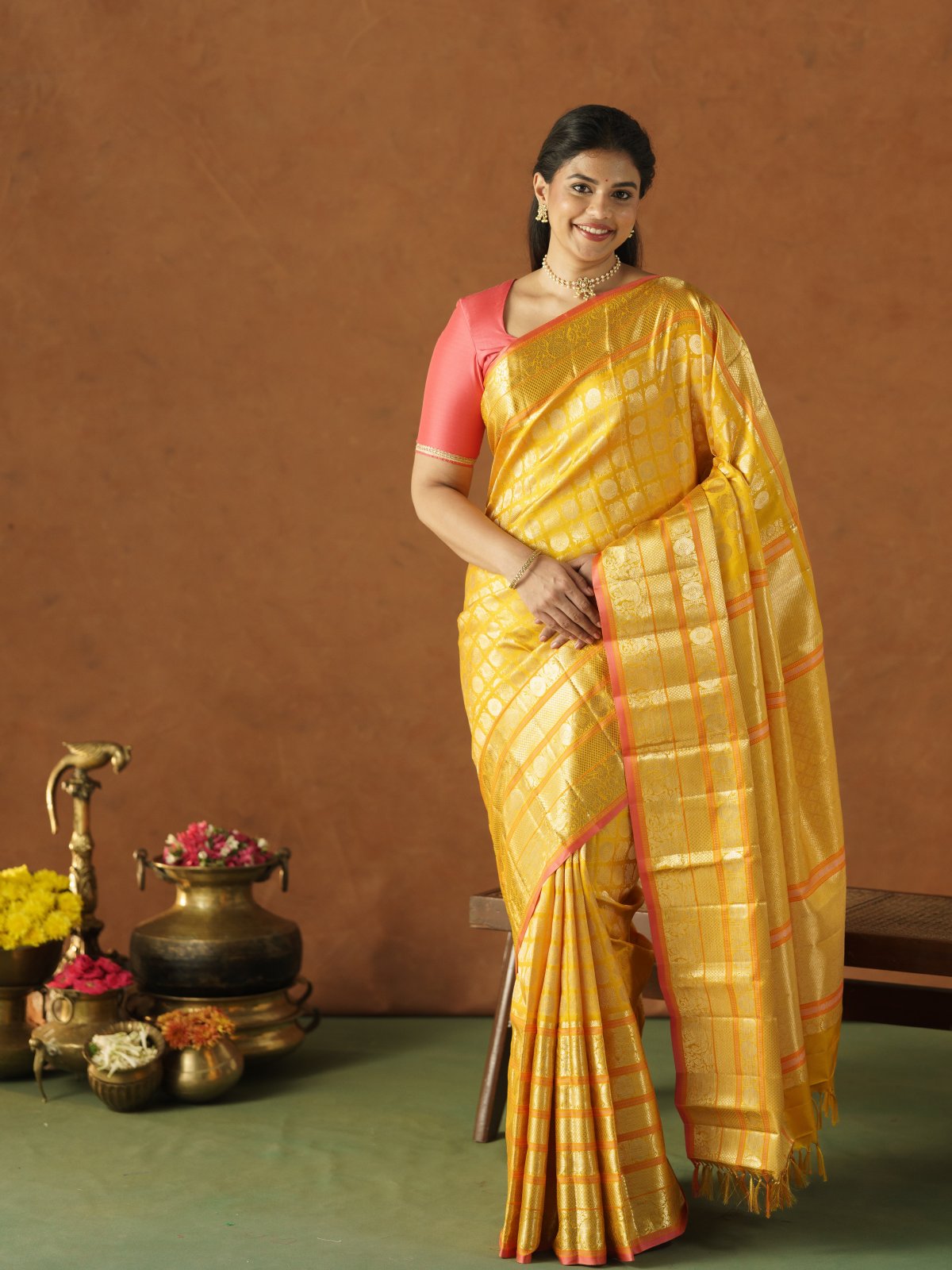 Yellow Kanjeevaram Silk Saree With Self Zari Border