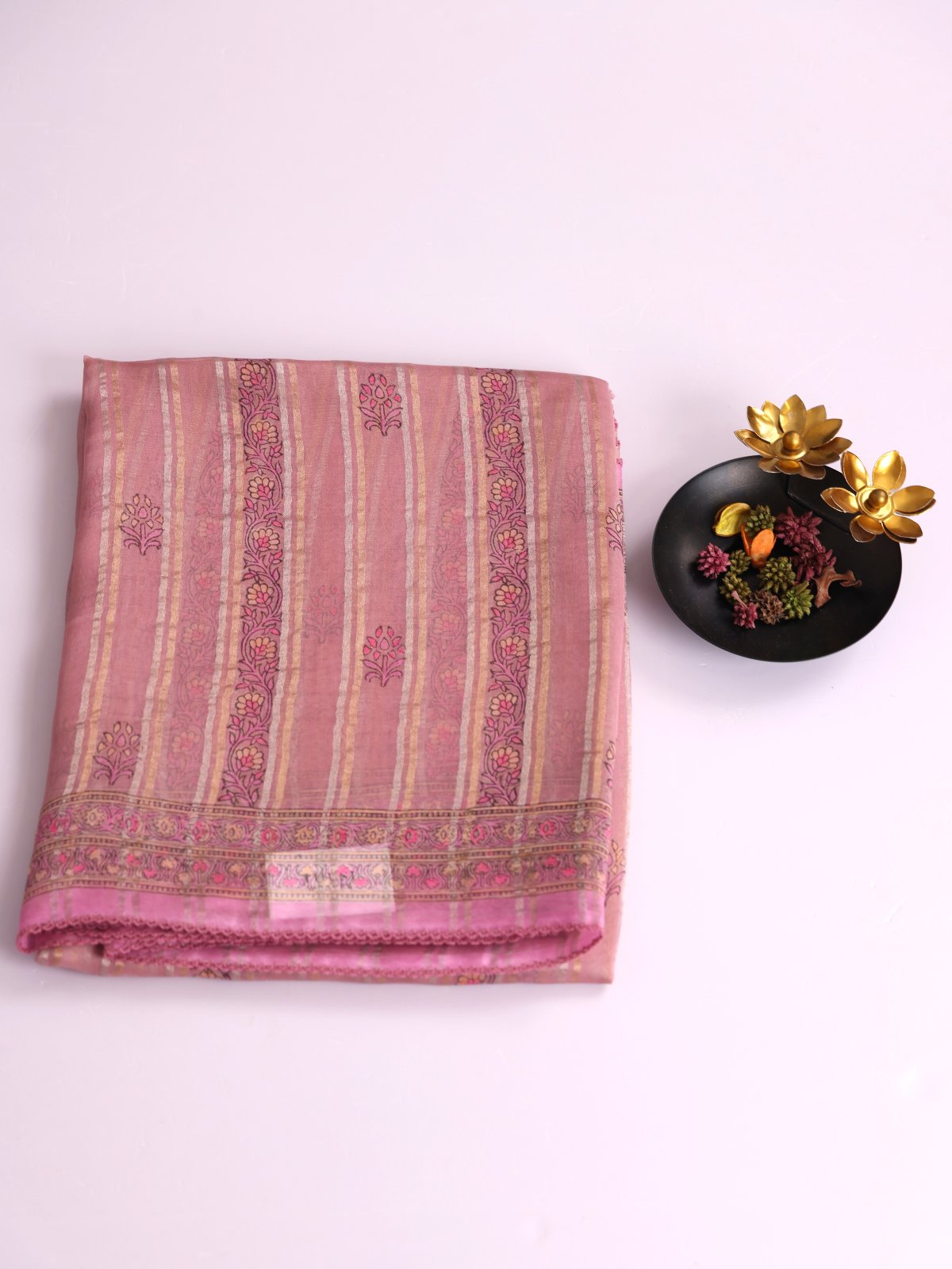 Light Pink Printed Organza Silk Saree