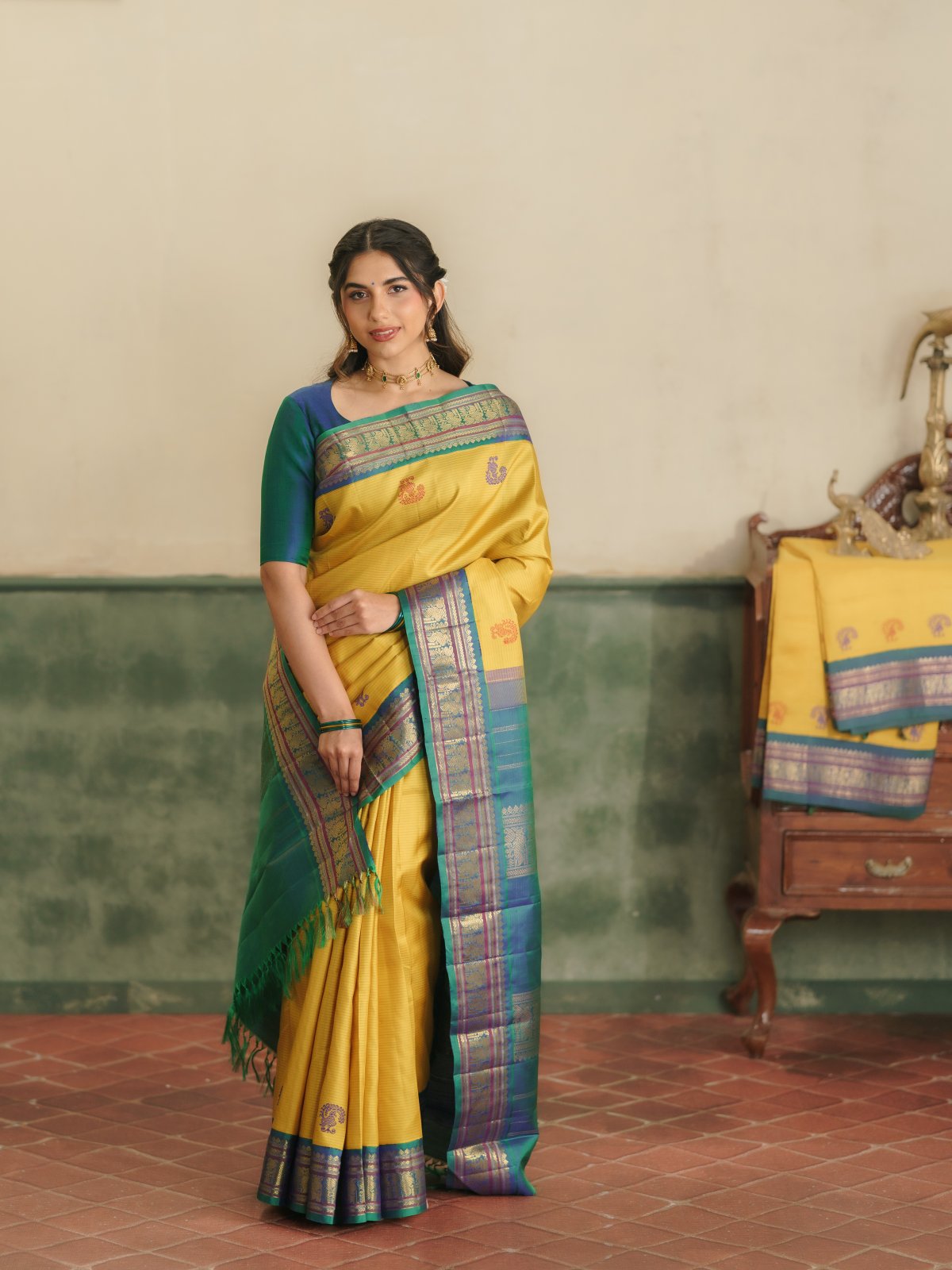 Vintage 108 - Yellow Striped Kanjeevaram Silk Saree With Mayil Kazhuthu Border