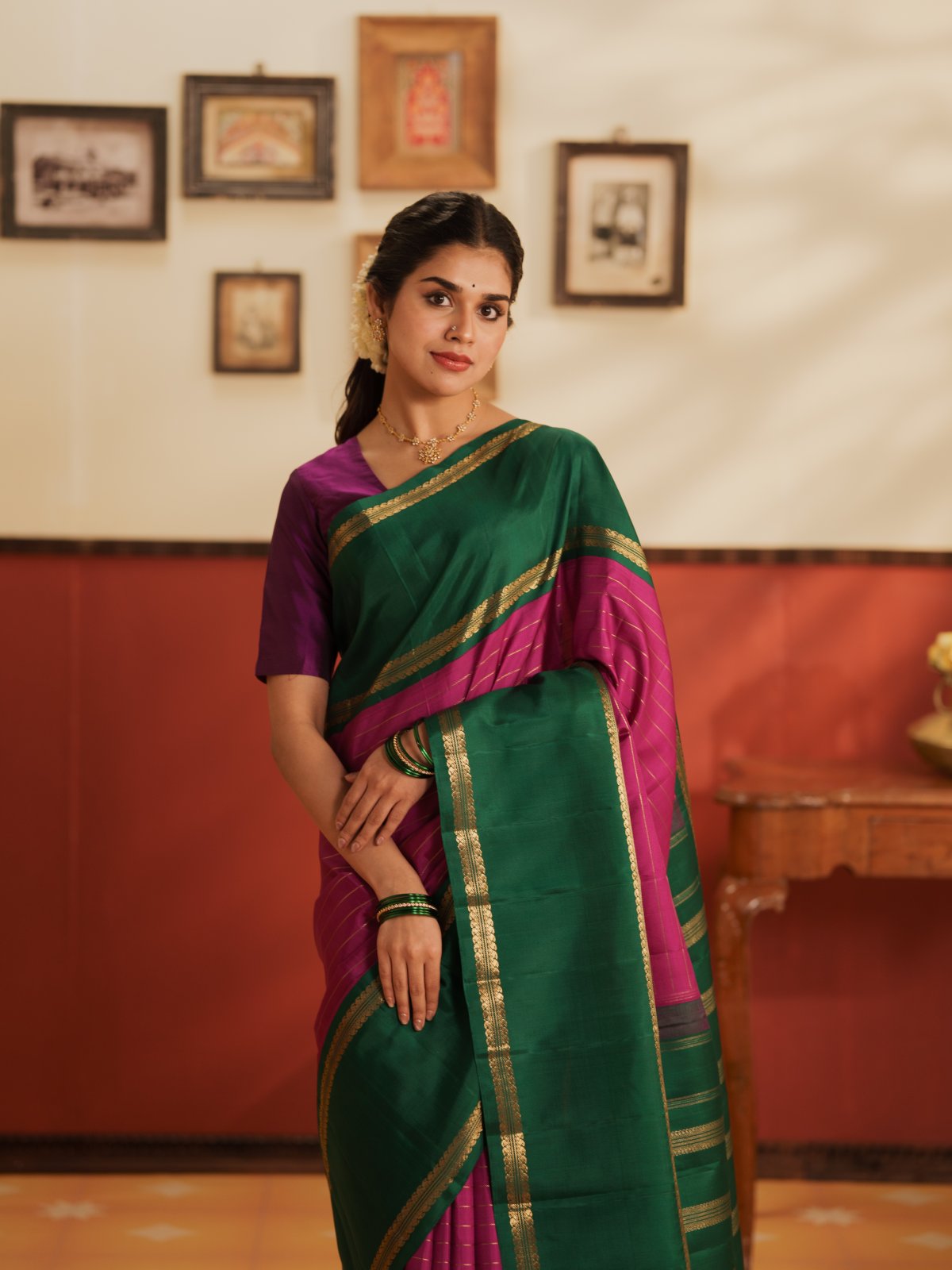 Vintage 42 - Magenta Pink Veldhari Kanjeevaram Silk Saree With Emerald Green Border