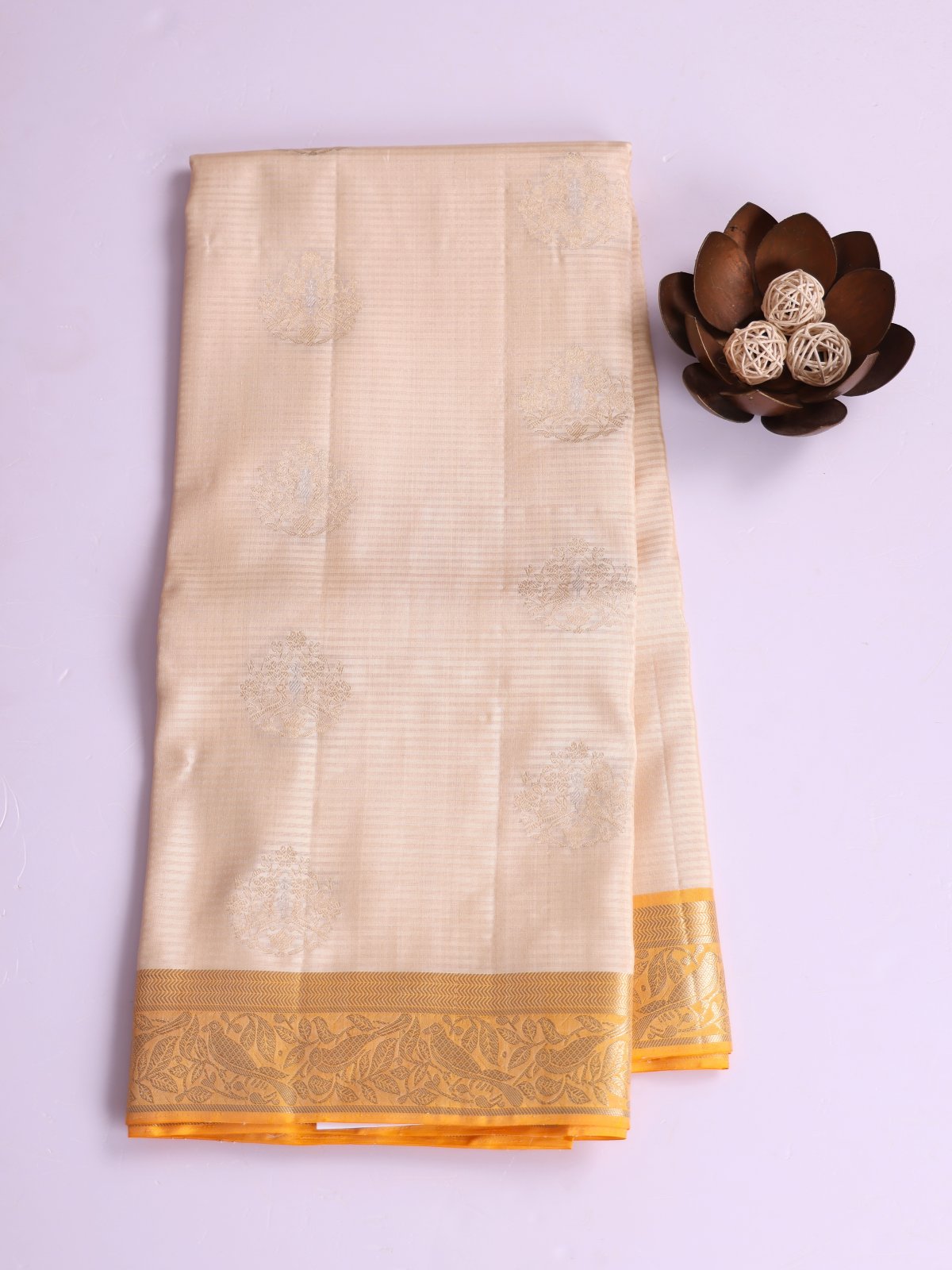 Cream Soft Silk Tussar Saree With Pastel Yellow Border