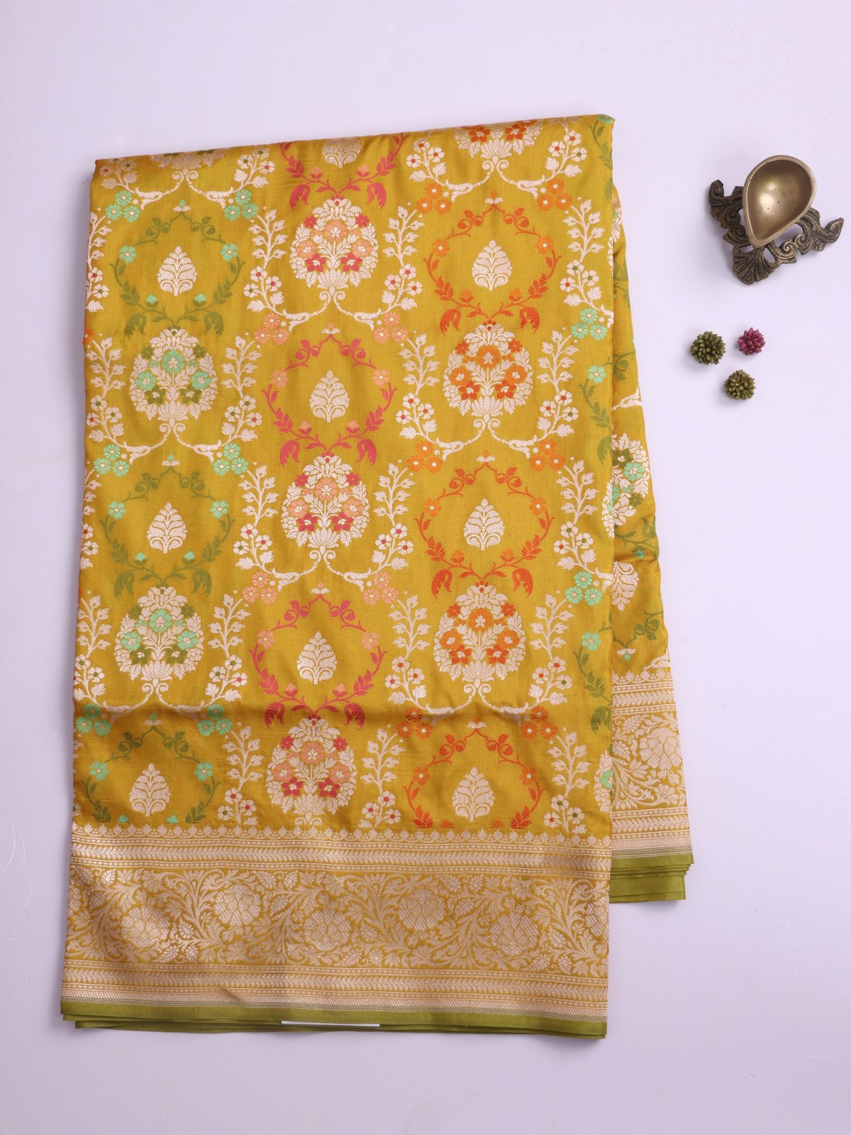 Greenish Yellow Banaras Silk Saree With Zari Border