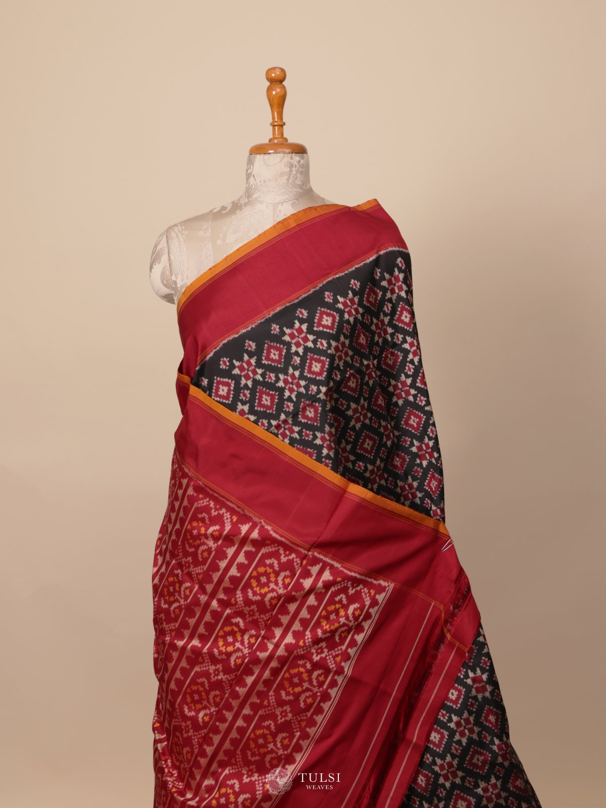 Black Ikat Silk Saree With Maroon Border