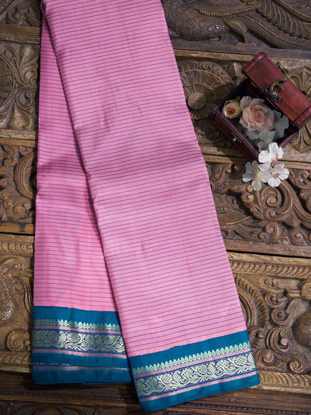 Pink Striped Kanjeevaram Pattu Pettu Silk Saree