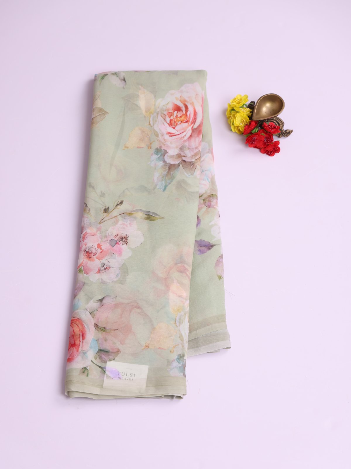 Pastel Green Floral Printed Chiffon Saree