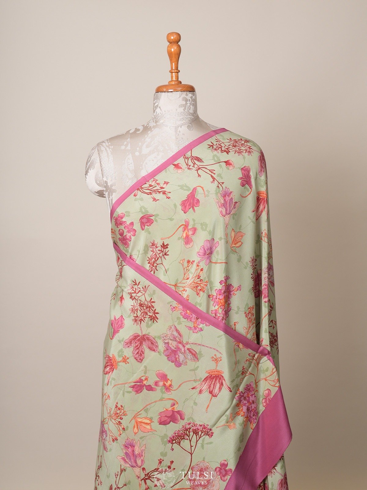 Light Green Floral Printed Crepe Silk Saree 