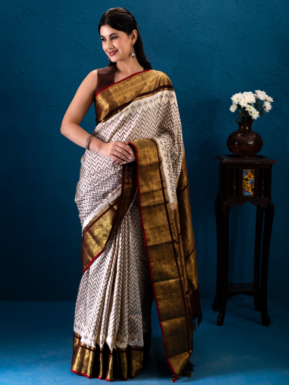 Ivory Ikat Silk Saree with Brown Zari Border