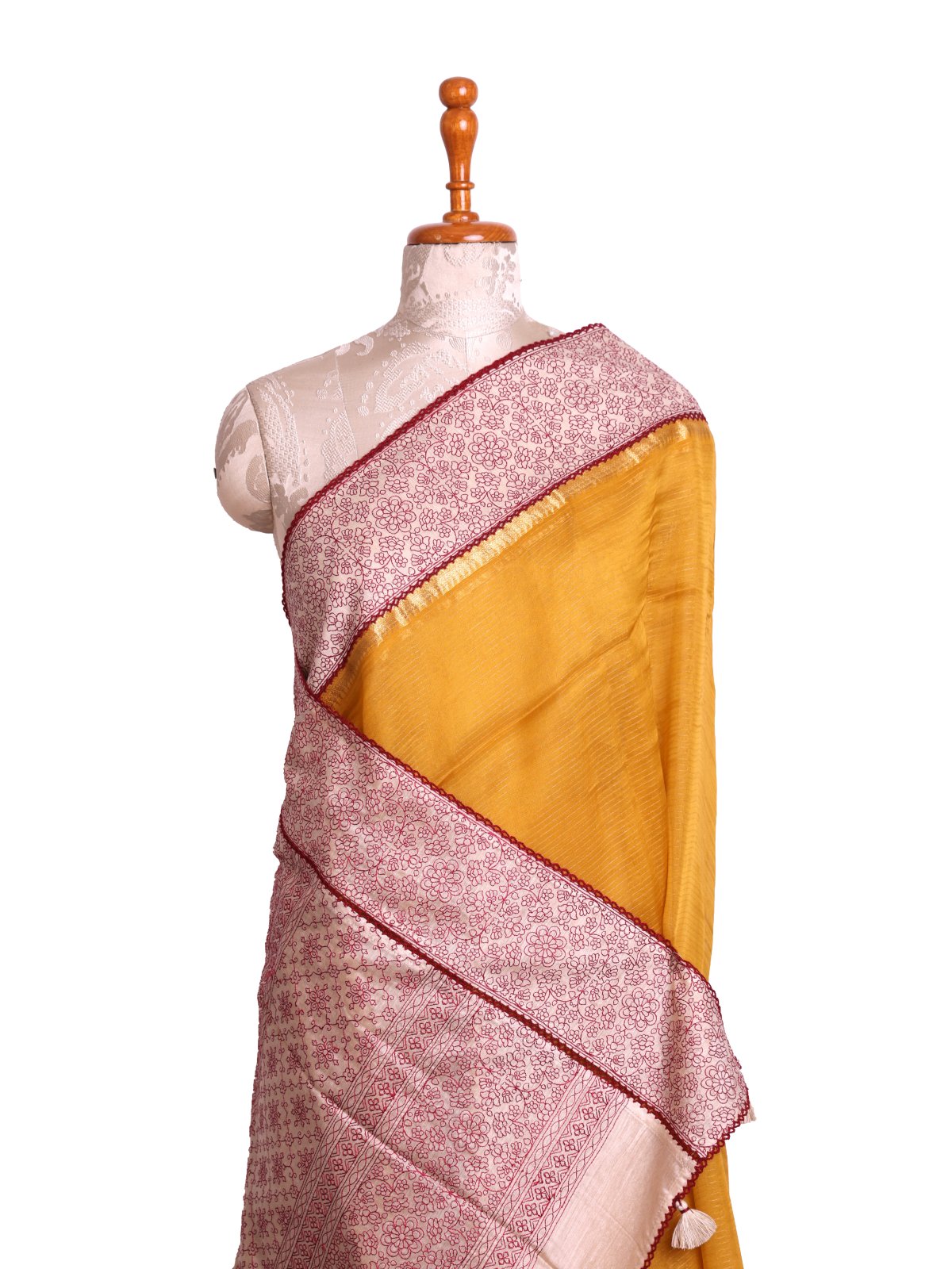 Mustard Yellow Organza Silk Saree With Beige Border