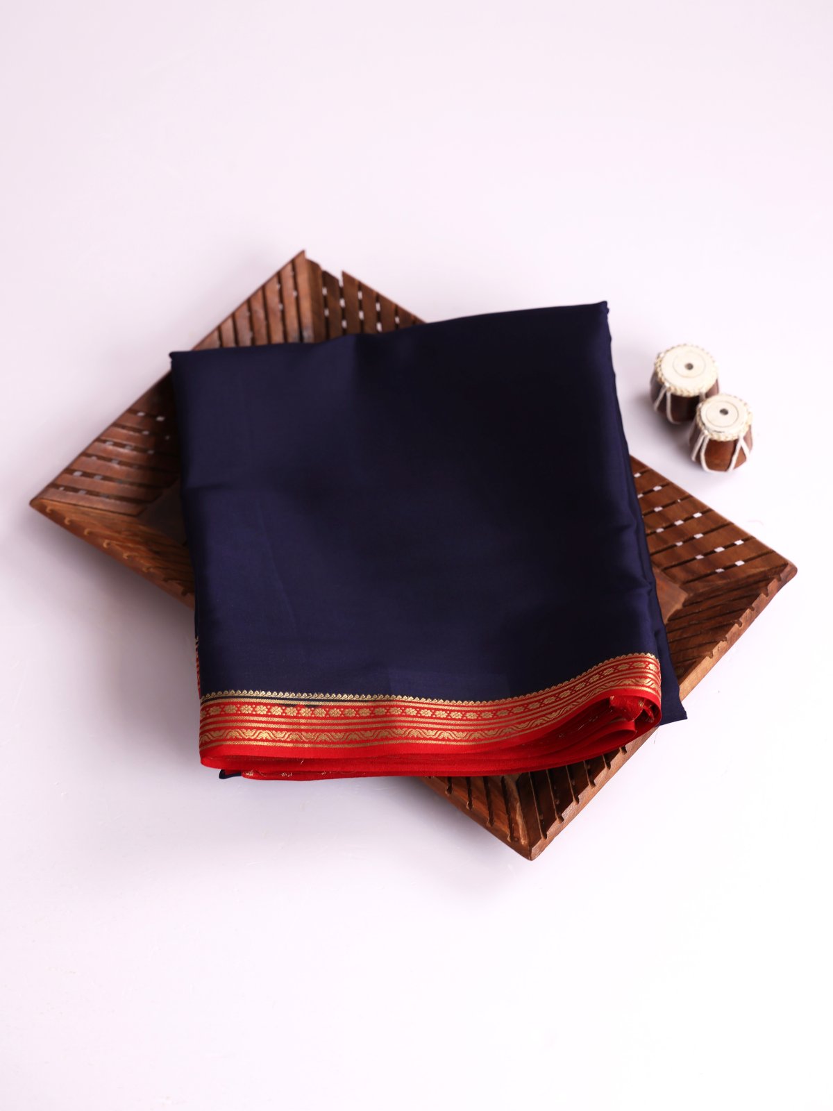 Navy Blue Mysore Silk Saree with Red Zari Border