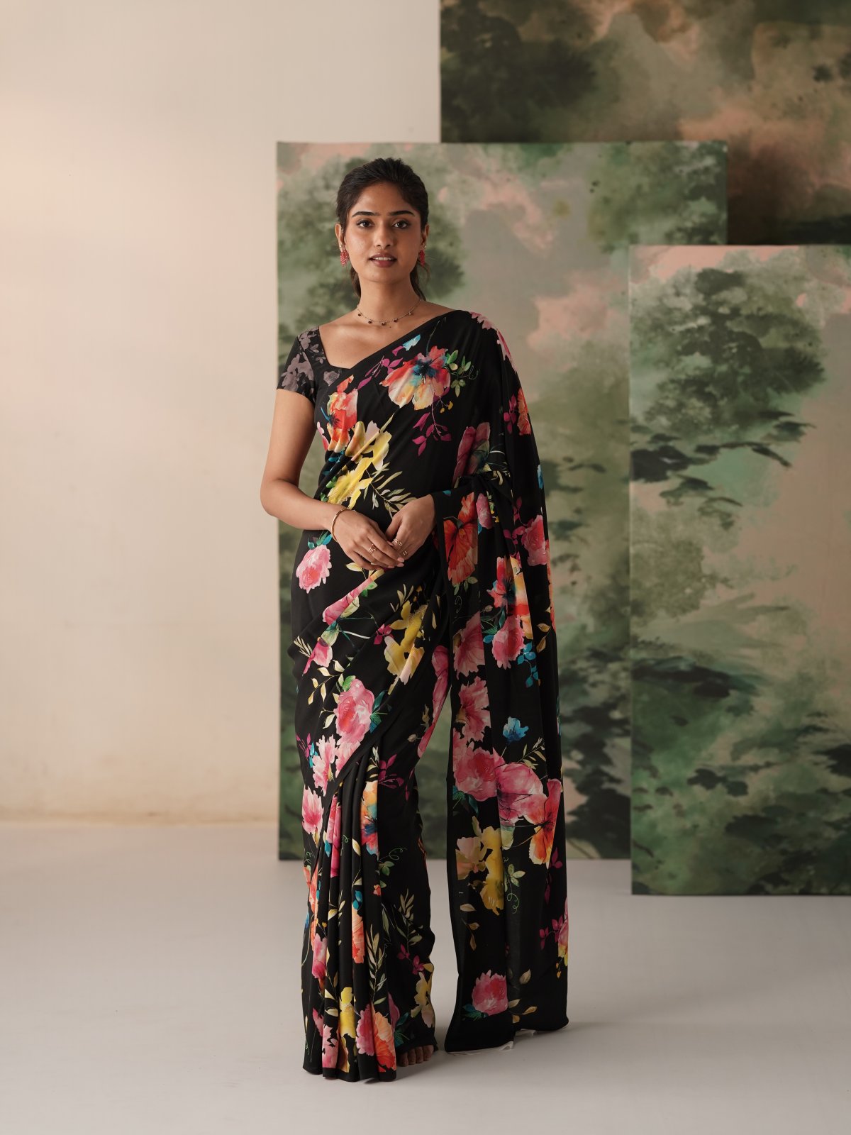 Black Printed Crepe Silk Saree