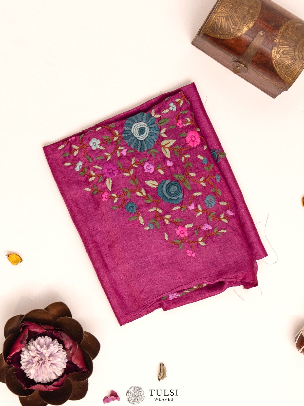 Light Magenta Tussar Blouse With Floral Embroidery