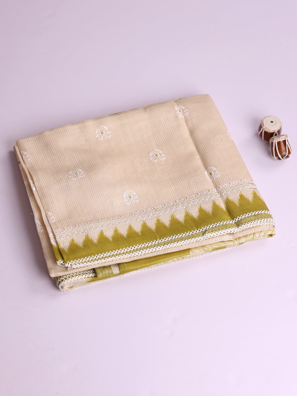 Beige And Cream Striped Munga Tussar Silk Saree With Mehndi Green Border
