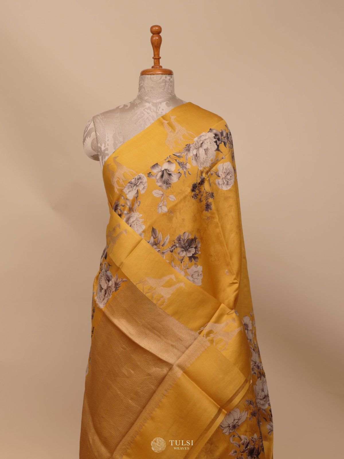 Yellow Printed Mashru Silk Saree