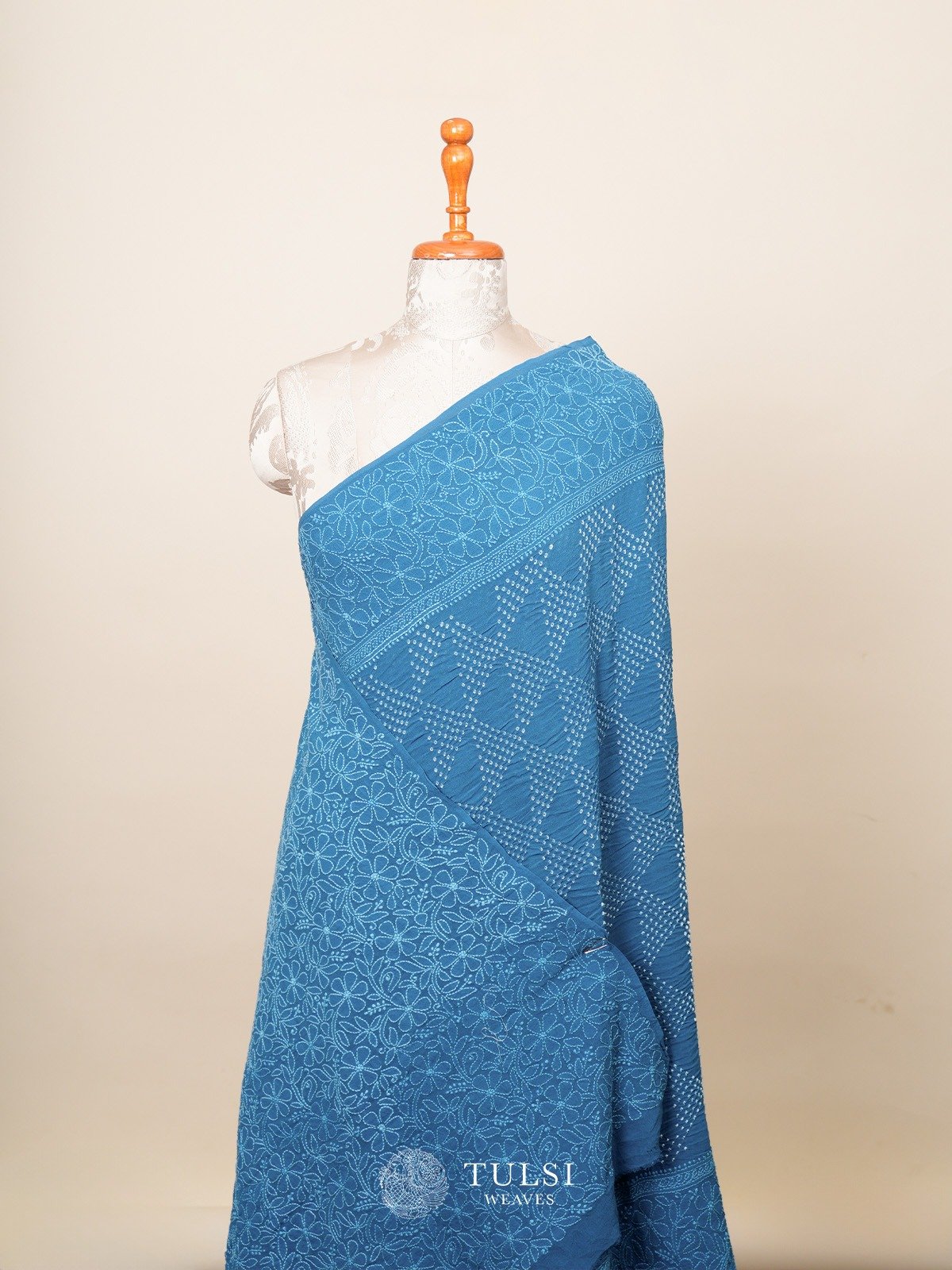 Antique Blue Bandhini Crepe Silk Saree