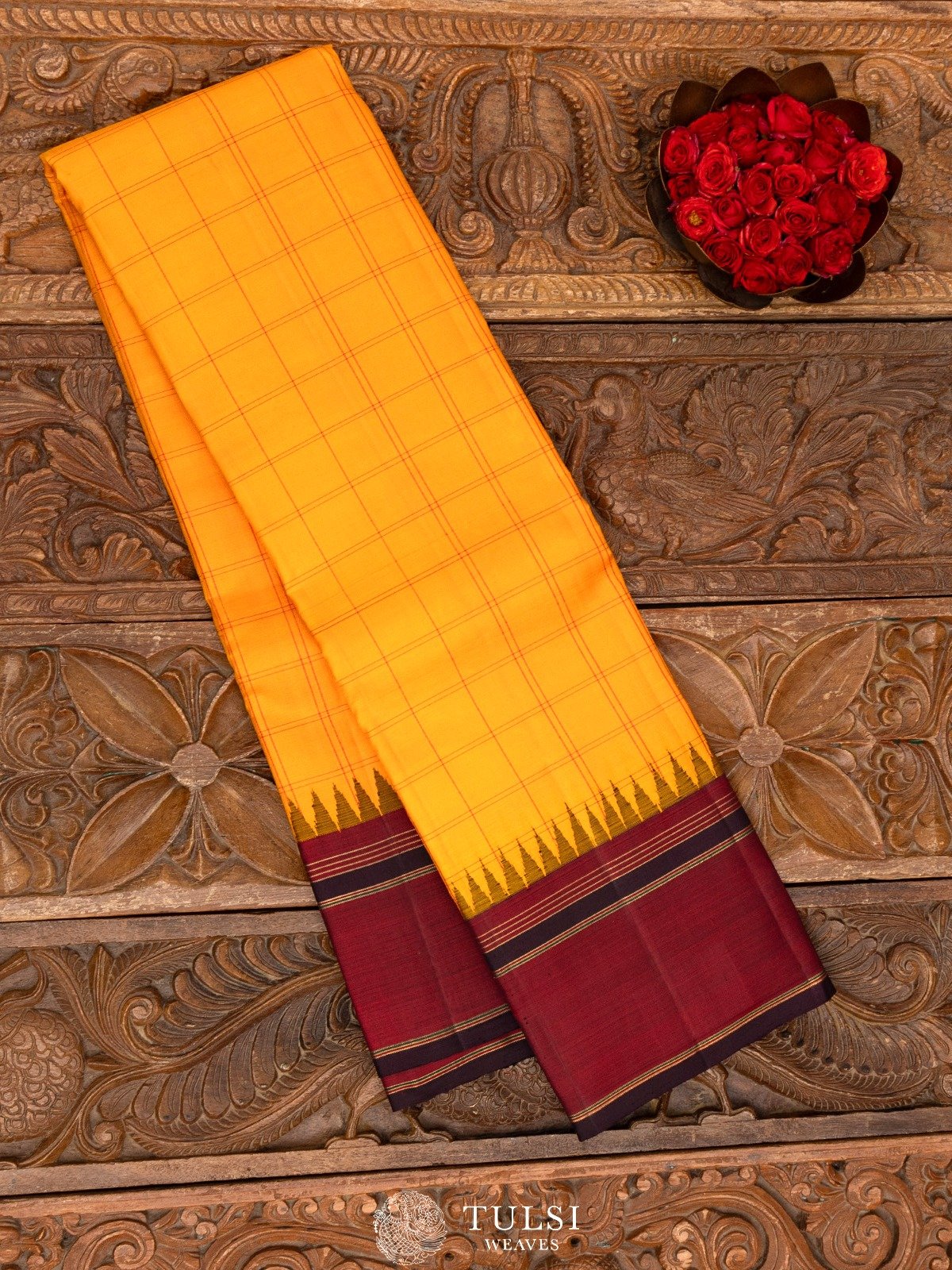 Orange Checked Kanjeevaram Silk Saree