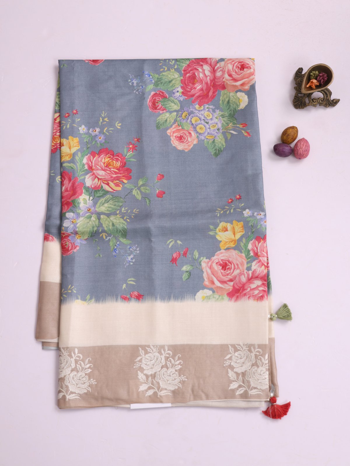 Light bluish Grey Printed Tussar Silk Saree With Beige Embroidered Border 