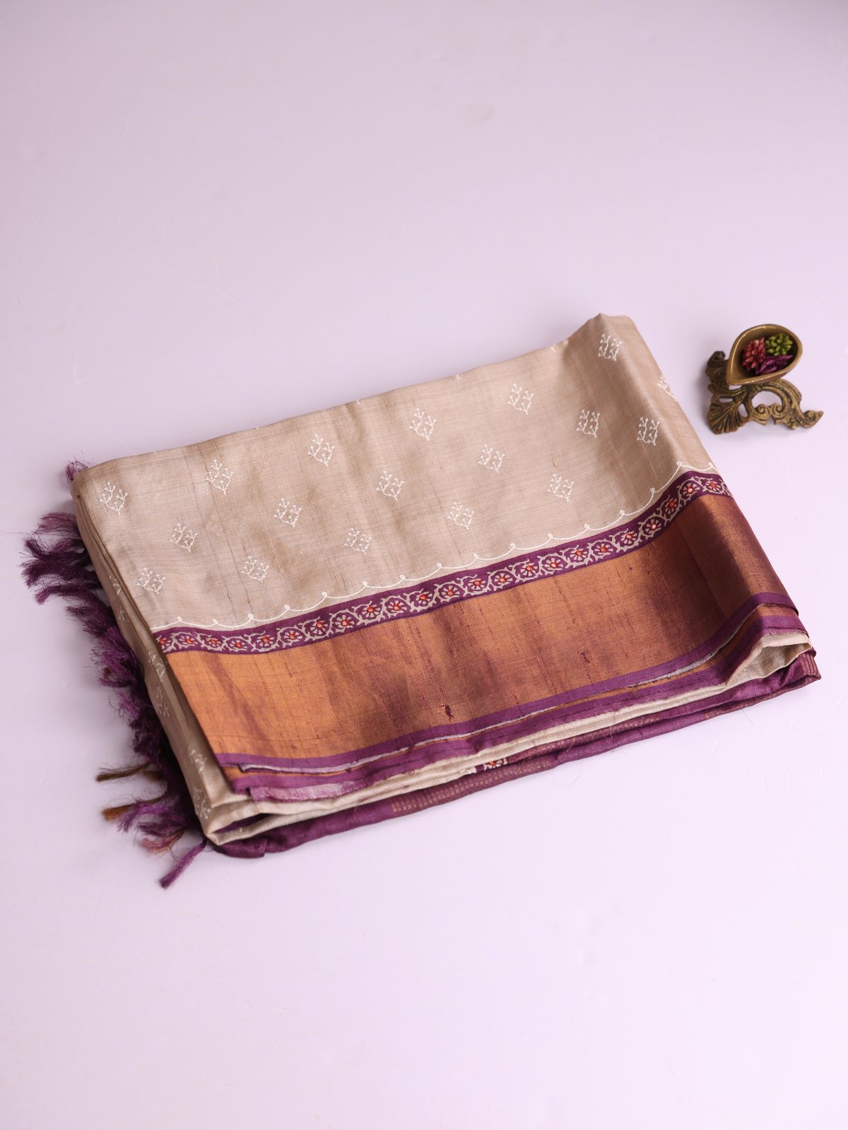 Beige Embroidered Tussar Silk Saree With Dark Mauve Zari Border
