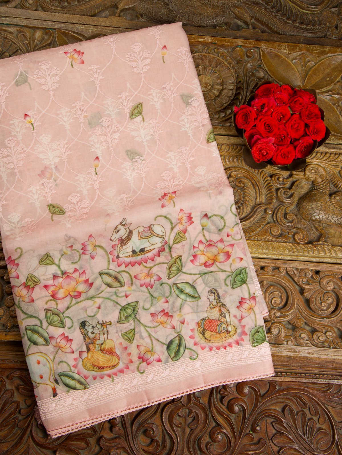 Light Pink Printed Organza Saree With Embroidery