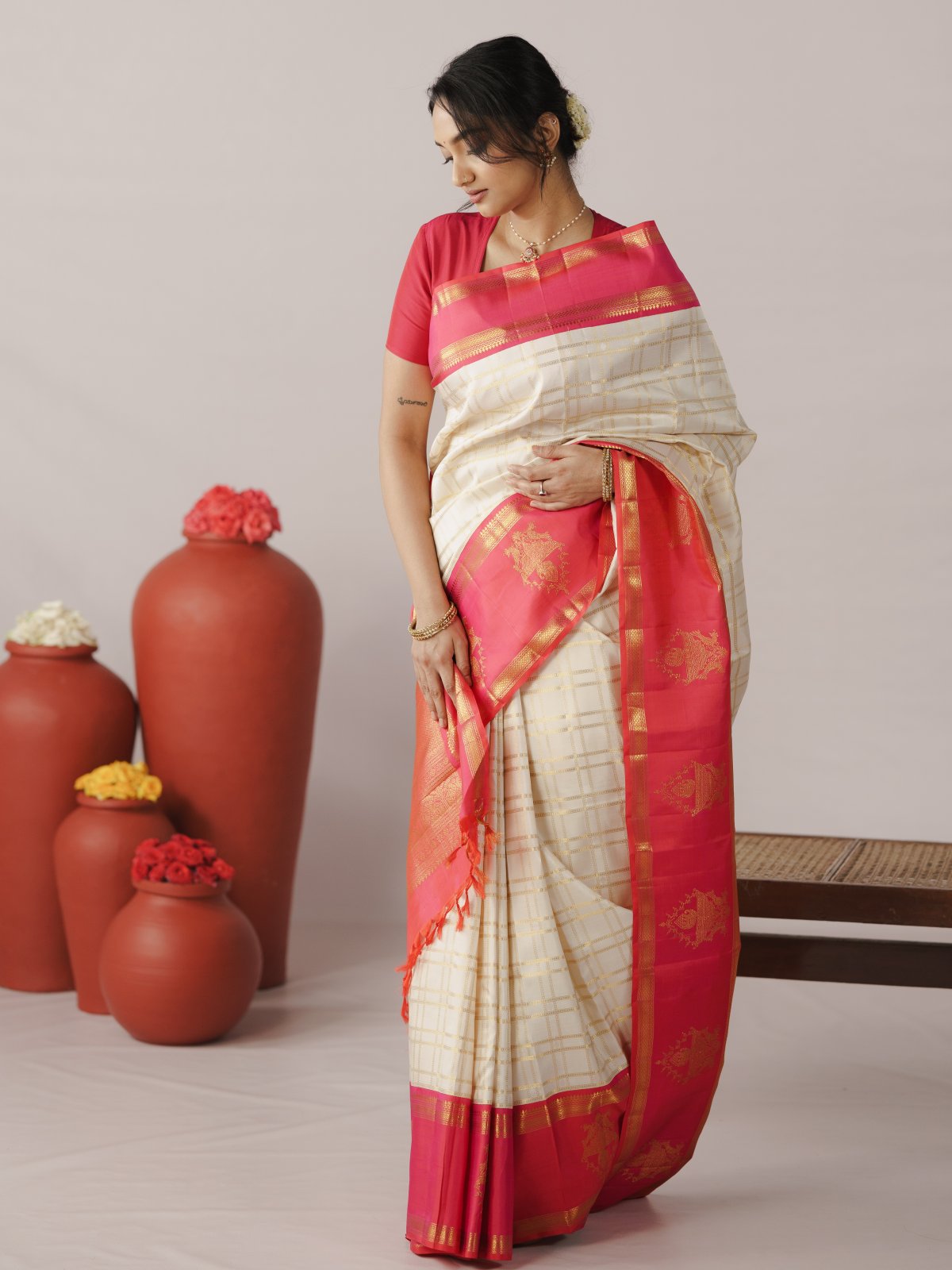 Off White Checked Kanjeevaram Silk Sarees With Orangish Pink Border