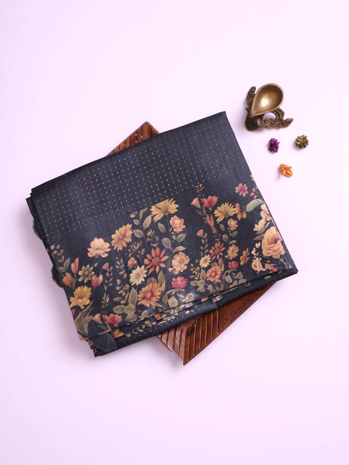 Dark Bluish Grey Tussar Silk Saree with Printed Border