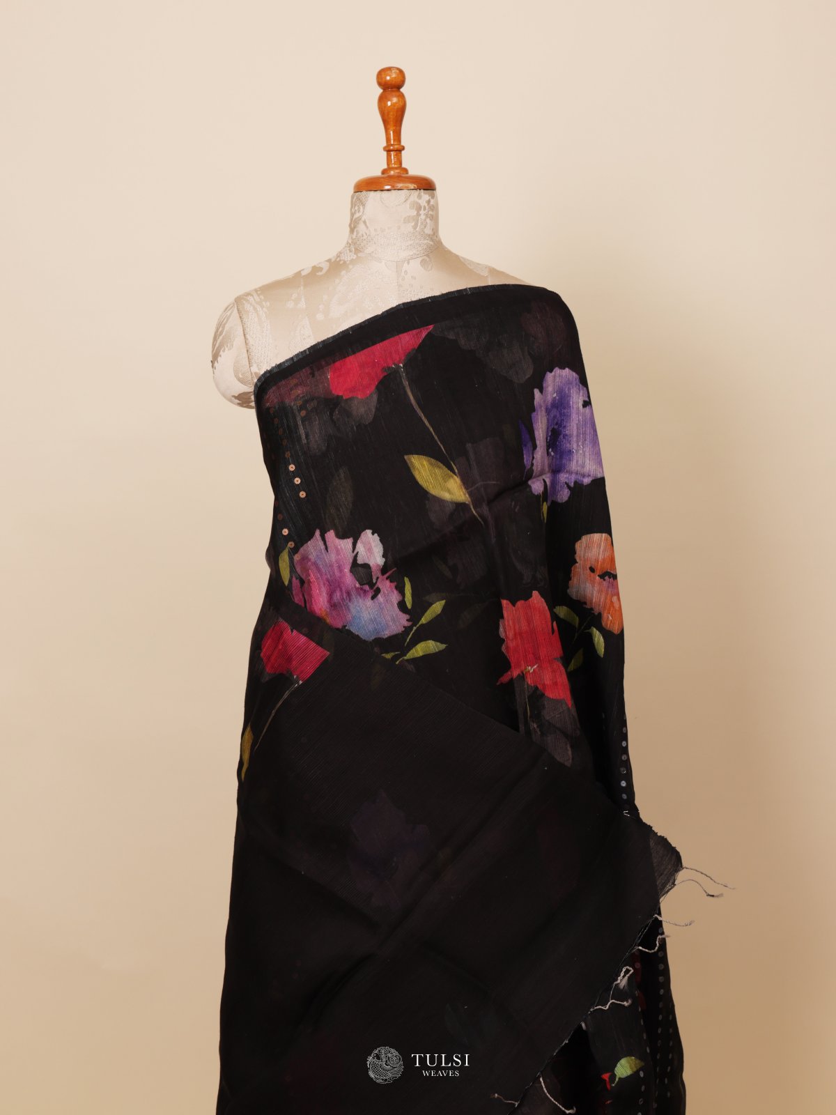 Black Kora Jute Saree with Floral Print