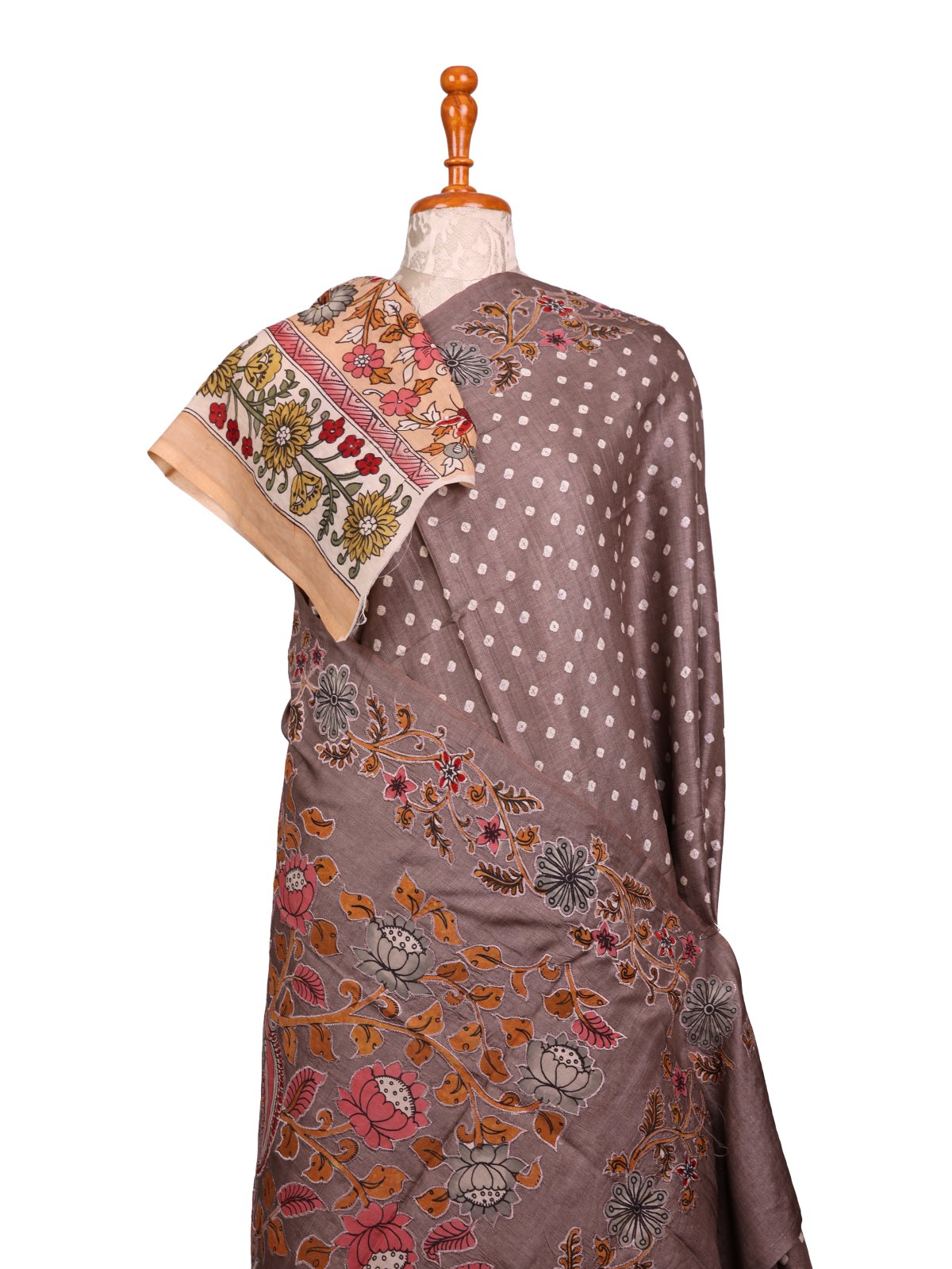 Light Brown Bandhini Tussar Silk Saree With Kalamkari Work