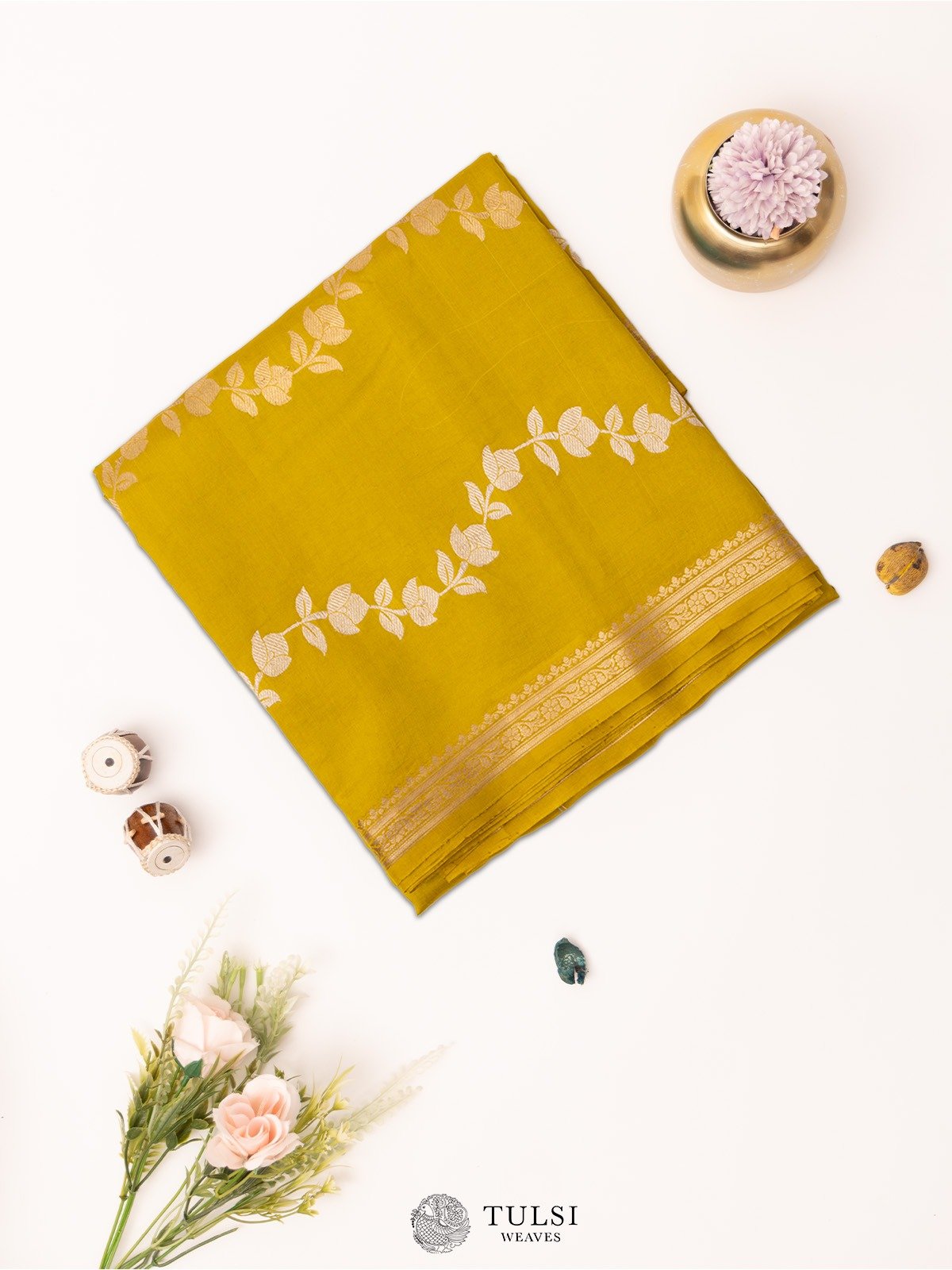 Greenish Yellow Mashru Silk Saree with Small Zari Border