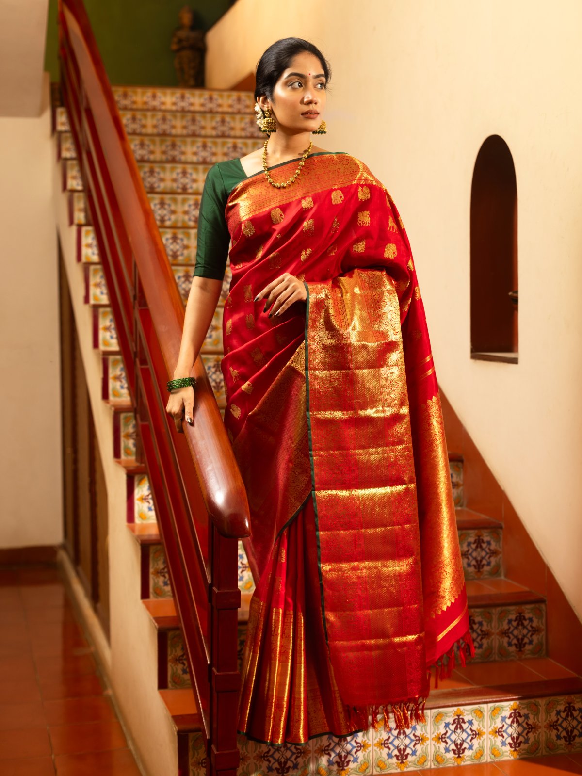 Red Checked Kanjeevaram Silk Saree with Korvai Border 