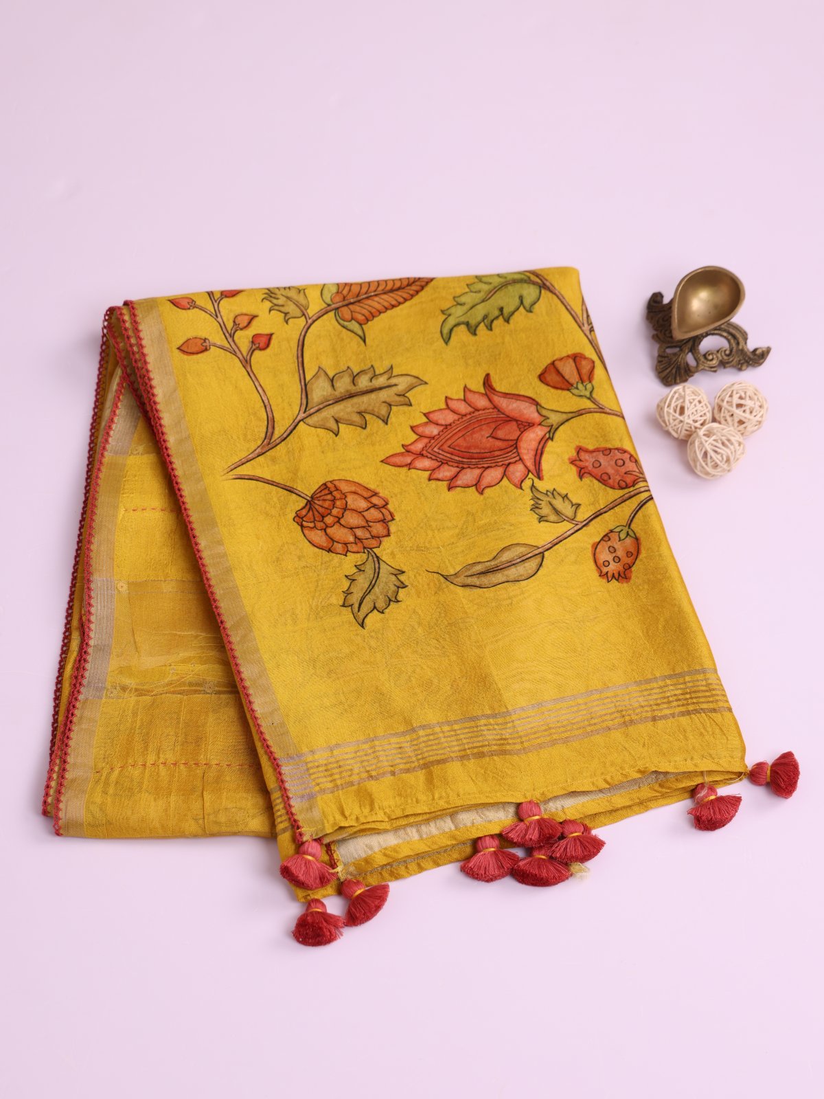 Mustard Yellow Kora Tussar Silk Saree
