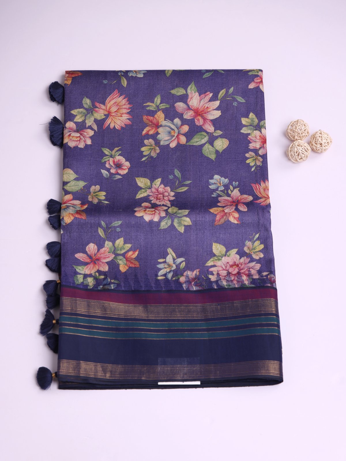 Bluish Purple Printed Tussar Silk Saree With Navy Blue Border