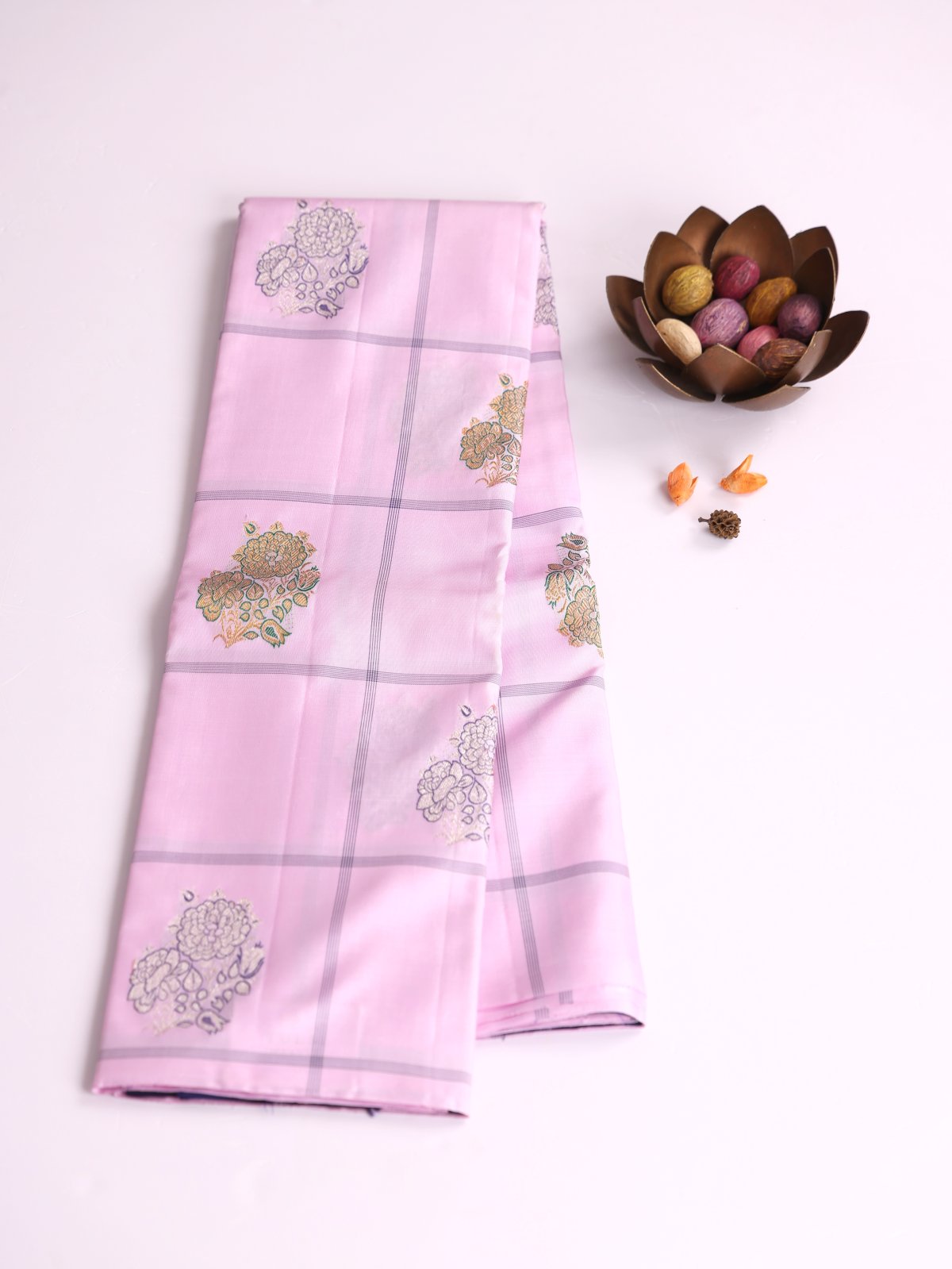 Light Lavender Checked Kanjeevaram Silk Saree