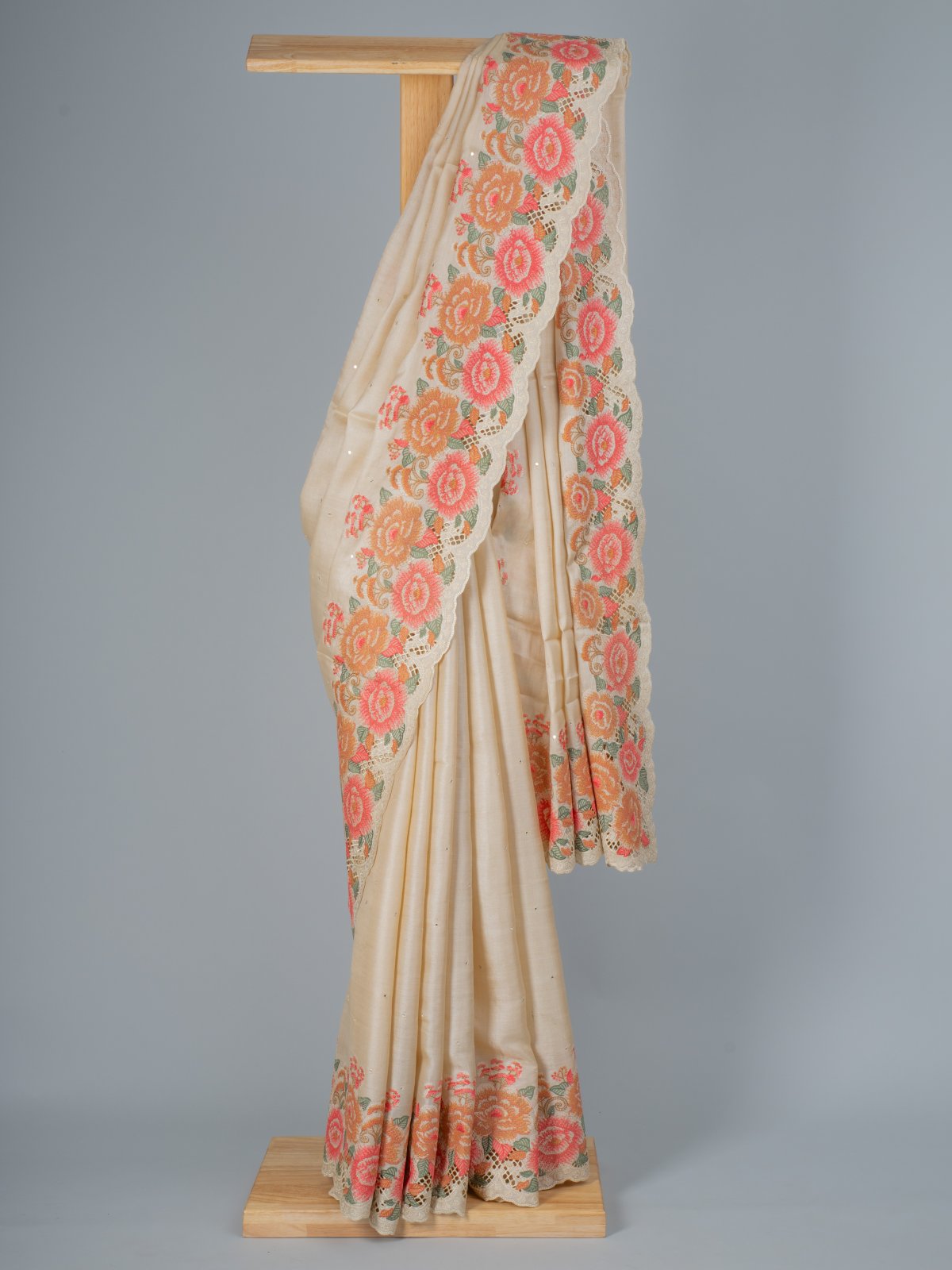 Off-White Tussar Silk Saree With Cutwork Embroidery